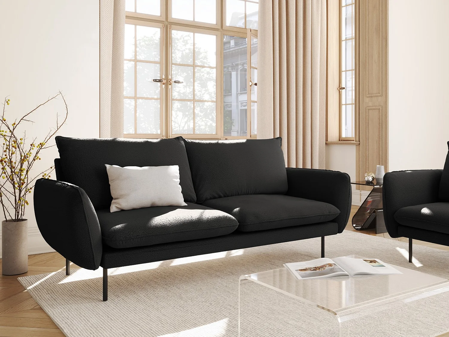 Cosmopolitan Design - Sofá "Vienna" 3 lugares em tecido bouclé preto - 200x92x95cm