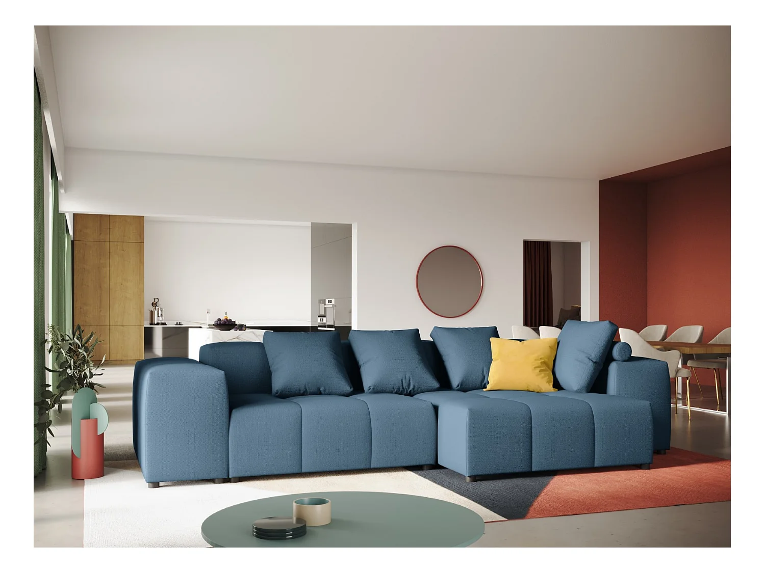 Cosmopolitan Design - Canapé d'angle symétrique modulable "Rome" 4 places en tissu structurel bleu foncé - 320x160x75cm