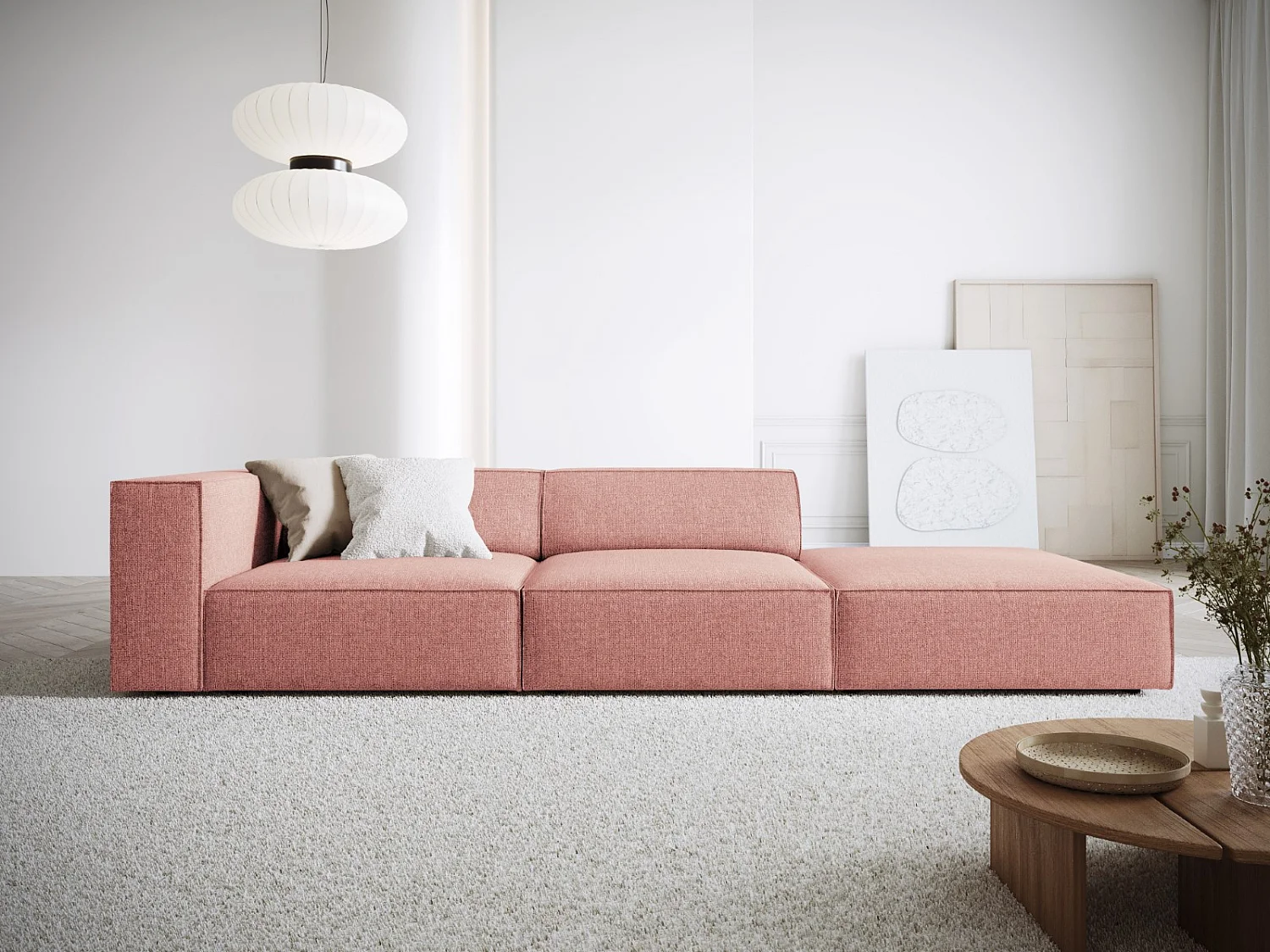 Cosmopolitan Design - Sofá direito "Arendal" 4 lugares em tecido chenille rosa - 262x102x70cm