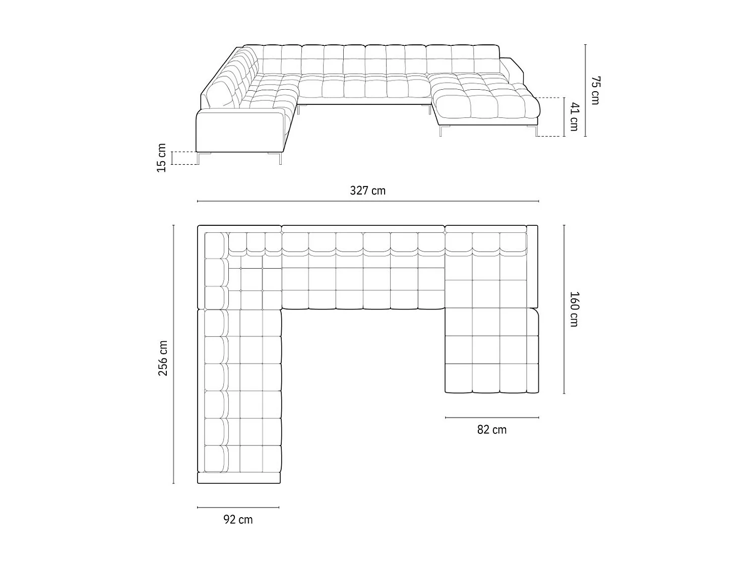 Cosmopolitan Design - Panoramische hoekbank links "Bali" 7 zitplaatsen, Flueel, Beige - 327x256x75cm