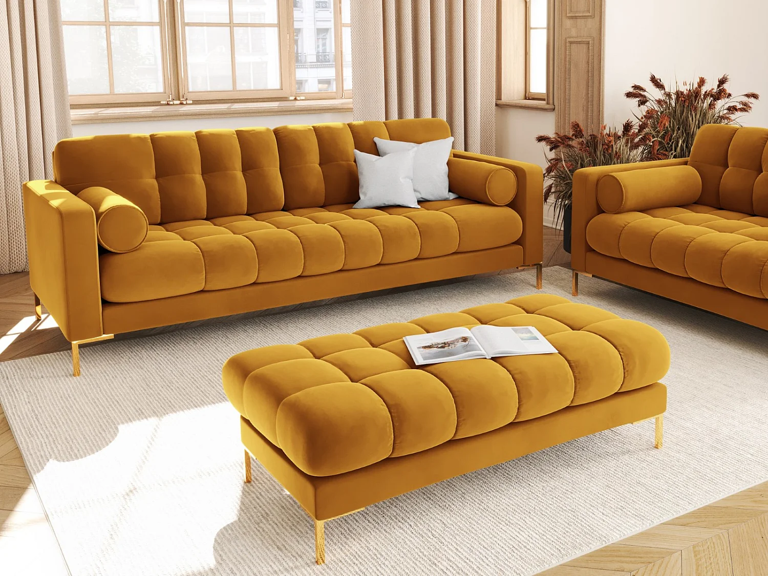 Cosmopolitan Design - Bank "Bali" 4 zitplaatsen, Flueel, GEEL - 217x92x75cm