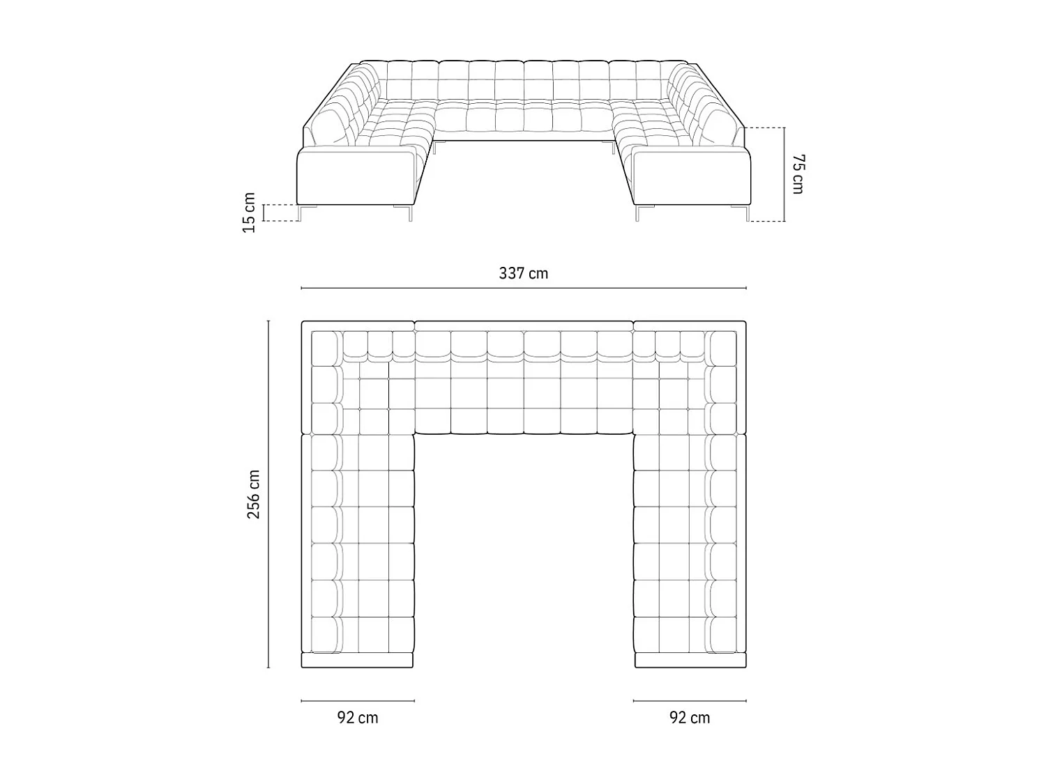Cosmopolitan Design - Sofá panorámico "Bali" 9 plazas de terciopelo gris claro - 327x256x75cm