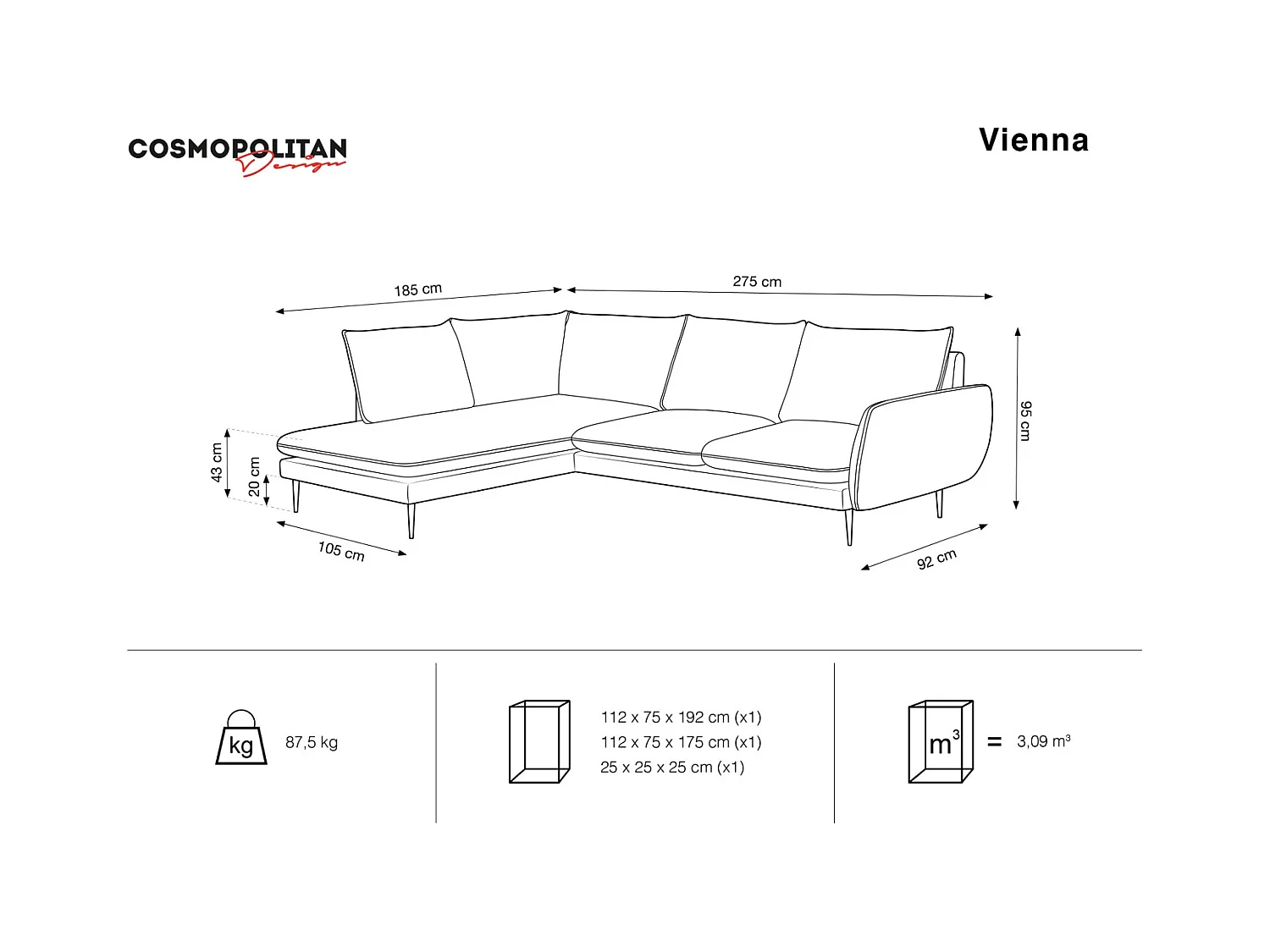 Cosmopolitan Design - Canapé d'angle gauche "Vienna" 6 places en velours noir - 275x185x95cm