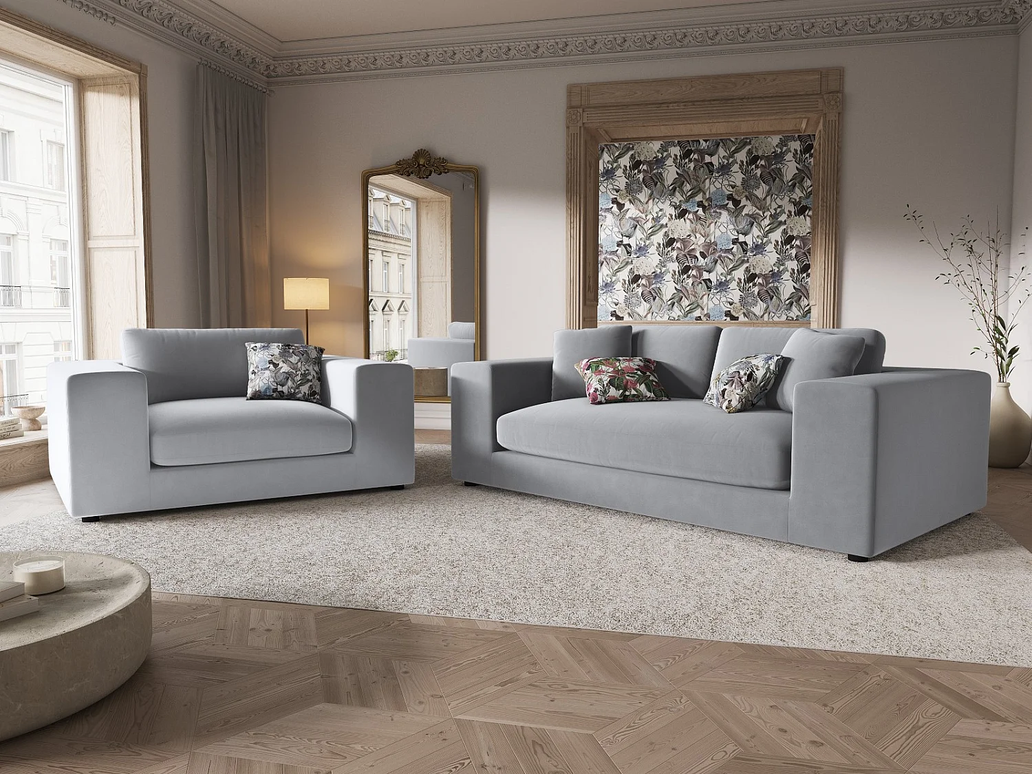 CXL by Christian Lacroix - Canapé "Tendance" 3 places en velours gris clair - 220x122x72cm