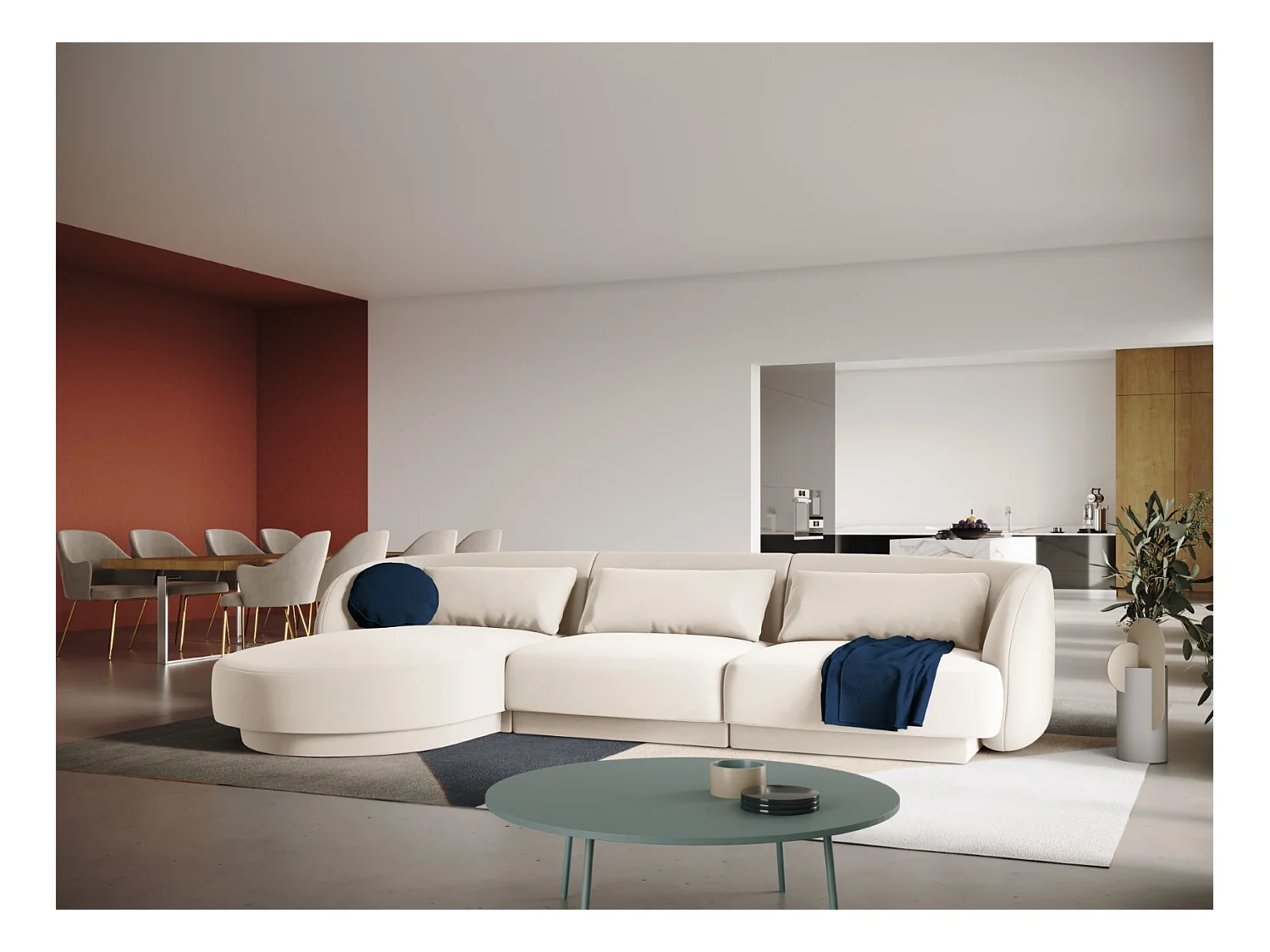 Cosmopolitan Design - 4-Sitzer Ecksofa links "Tulum" aus Samt leichtes beige - 255x156x70cm