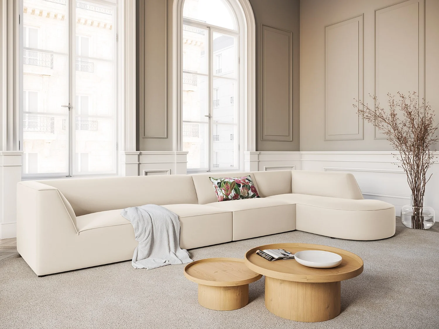 CXL by Christian Lacroix - 5-Sitzer Ecksofa rechts "Charles" Sitzer aus Samt beige - 366x180x69cm