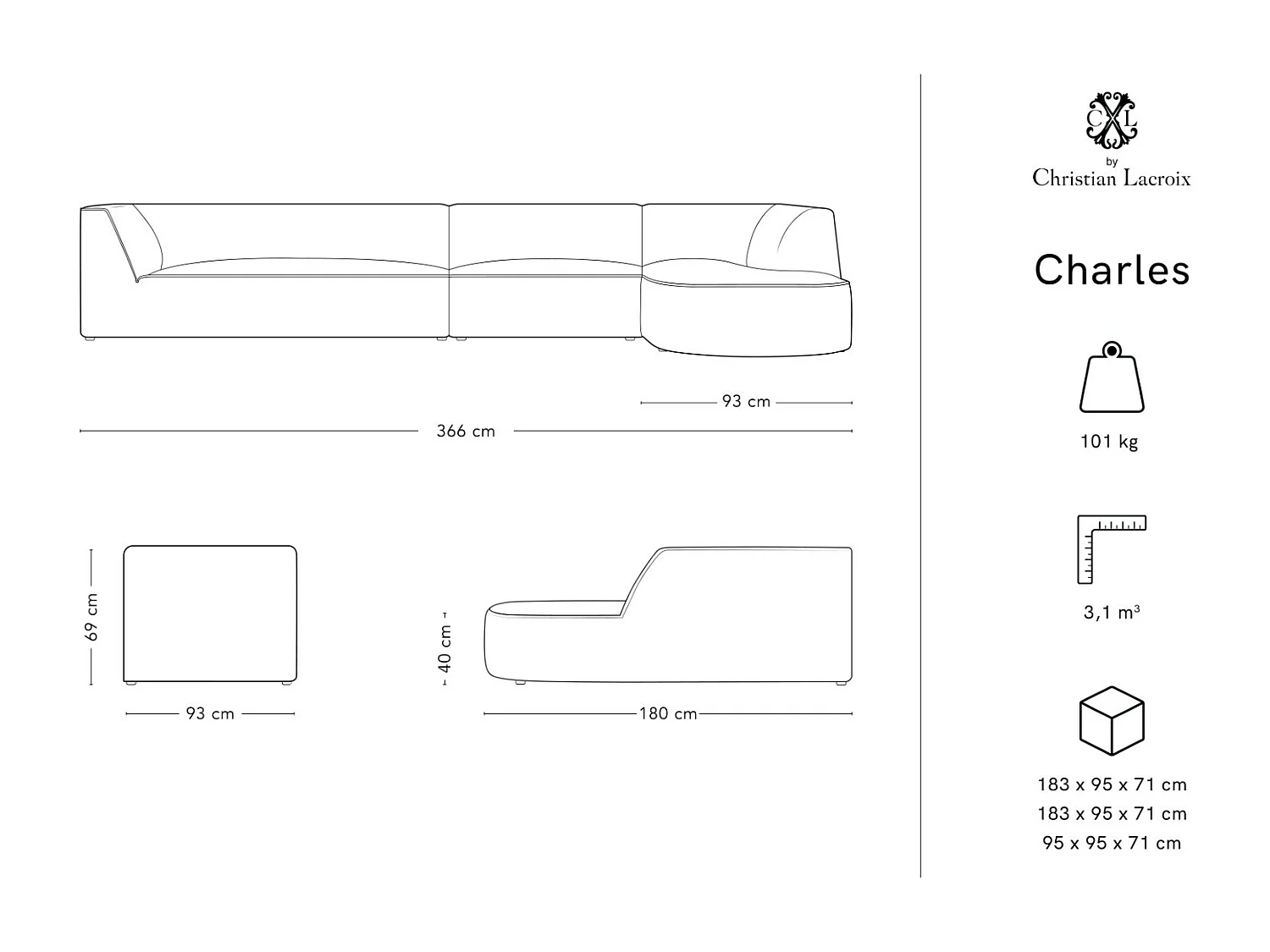 CXL by Christian Lacroix - 5-Sitzer Ecksofa rechts "Charles" Sitzer aus Samt beige - 366x180x69cm