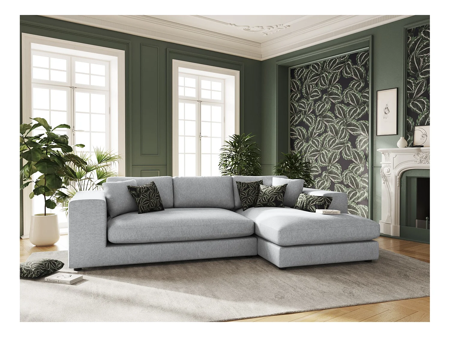 CXL by Christian Lacroix - Sofá esquinero derecho "Tendance" 5 plazas de tejido estructural gris claro - 282x174x72cm