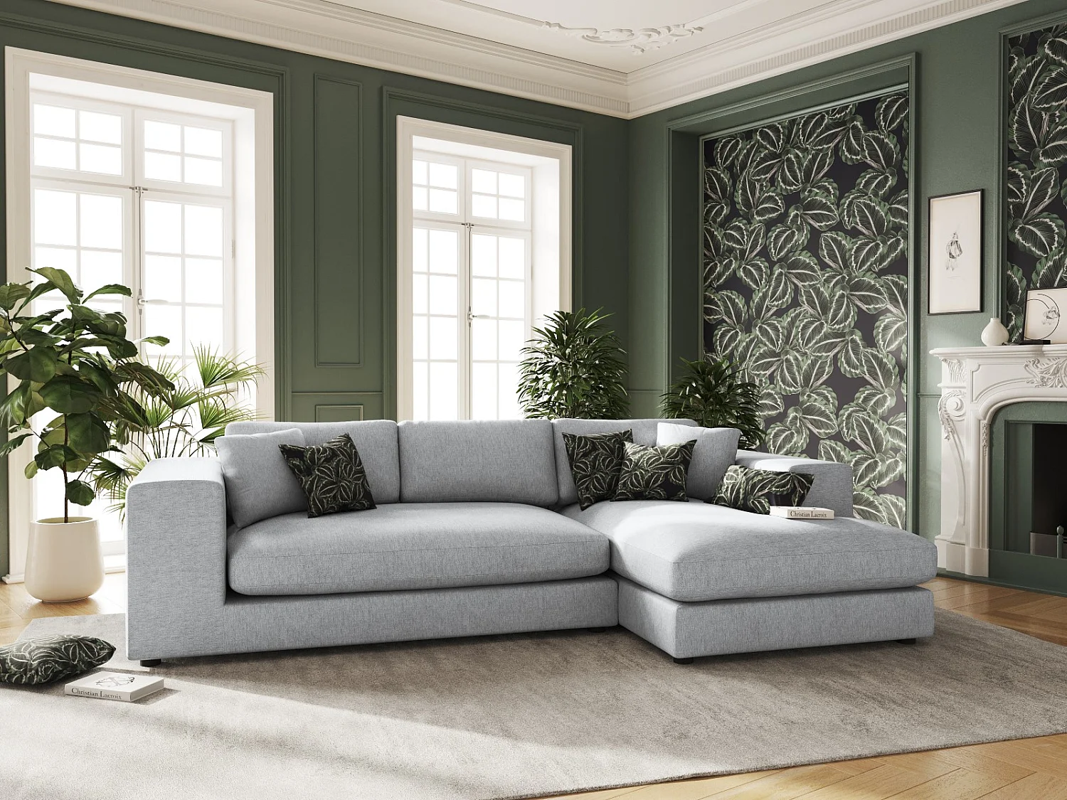 CXL by Christian Lacroix - Canapé d'angle droit "Tendance" 5 places en tissu structurel gris clair - 282x174x72cm