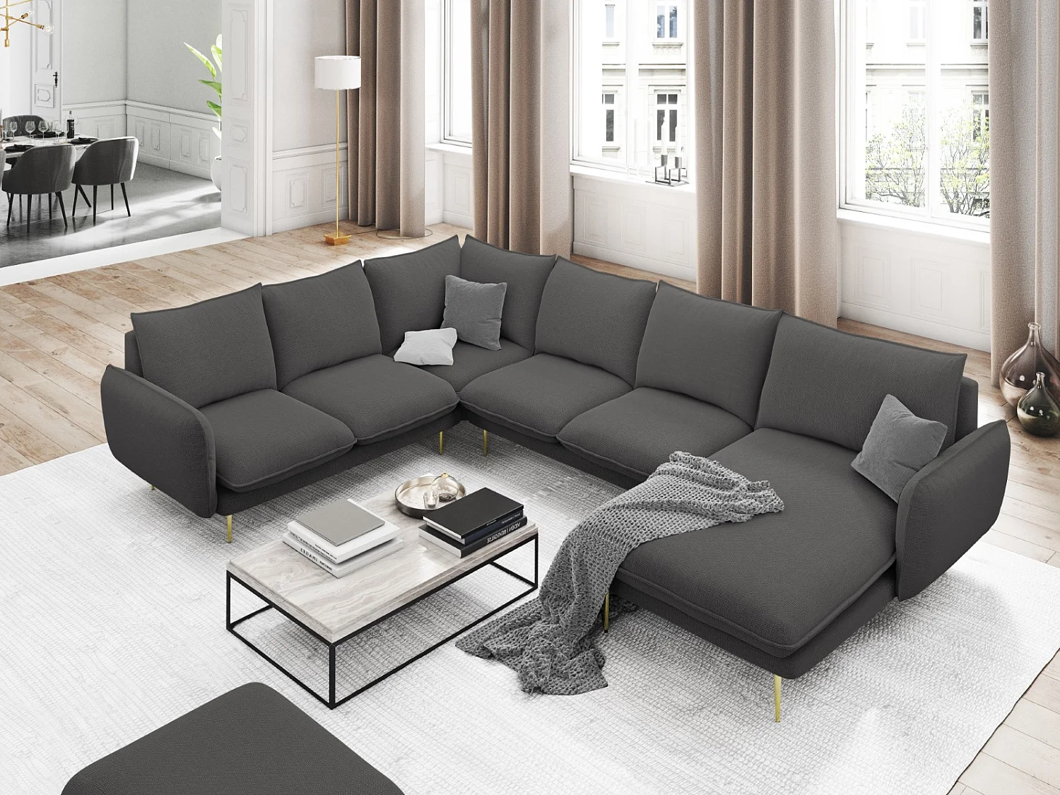 Cosmopolitan Design - Divano panoramico sinistro "Vienna" 7 posti in tessuto strutturato grigio scuro - 330x235x95cm
