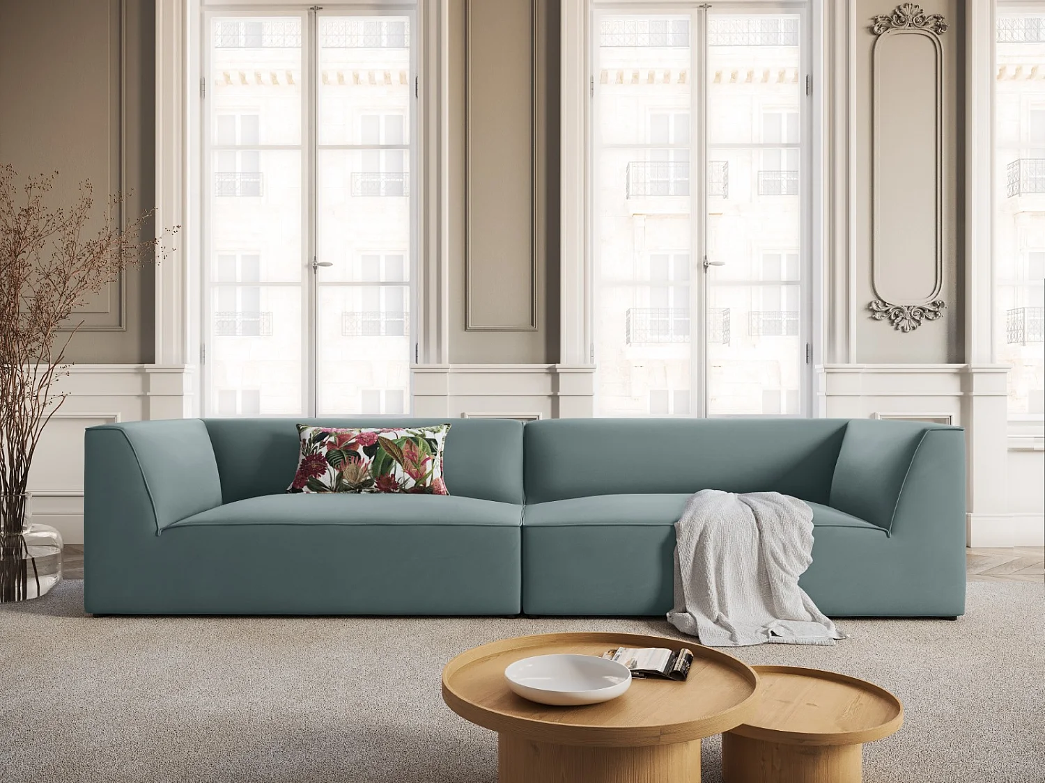 CXL by Christian Lacroix - Bank "Charles" 4 zitplaatsen, Flueel, Munt - 302x93x69cm