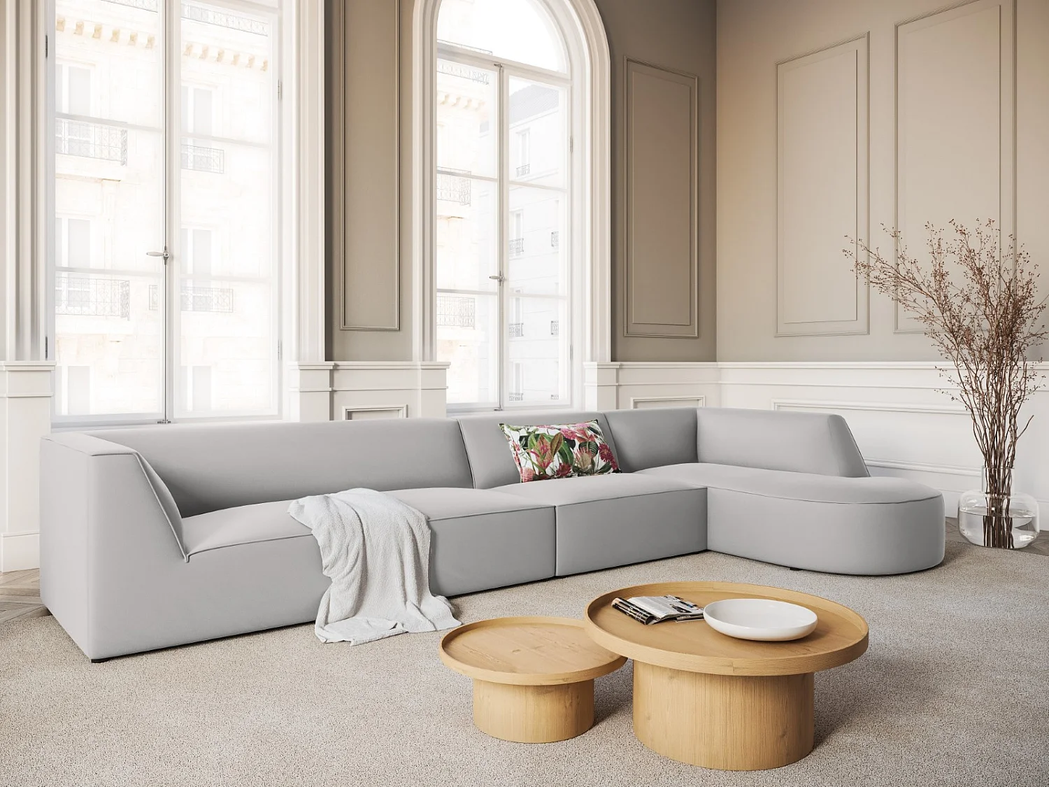 CXL by Christian Lacroix - 5-Sitzer Ecksofa rechts "Charles" Sitzer aus Samt hellgrau - 366x180x69cm