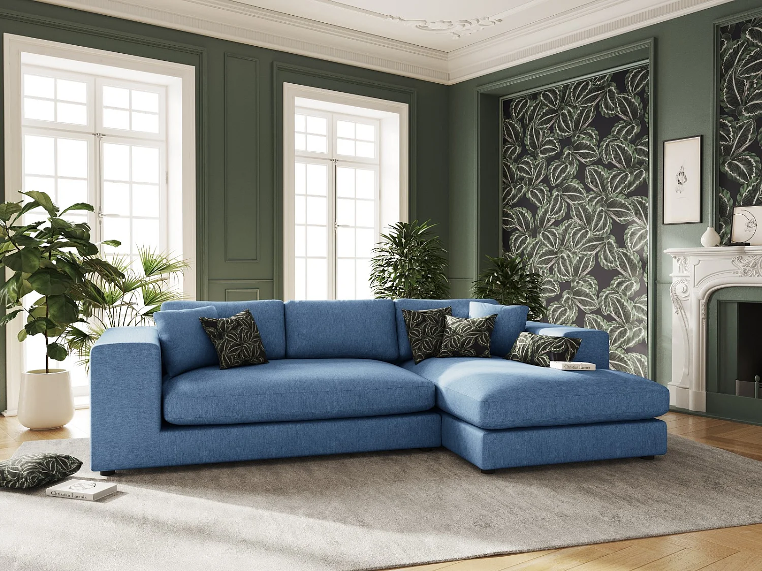 CXL by Christian Lacroix - Canapé d'angle droit "Tendance" 5 places en tissu structurel bleu foncé - 282x174x72cm