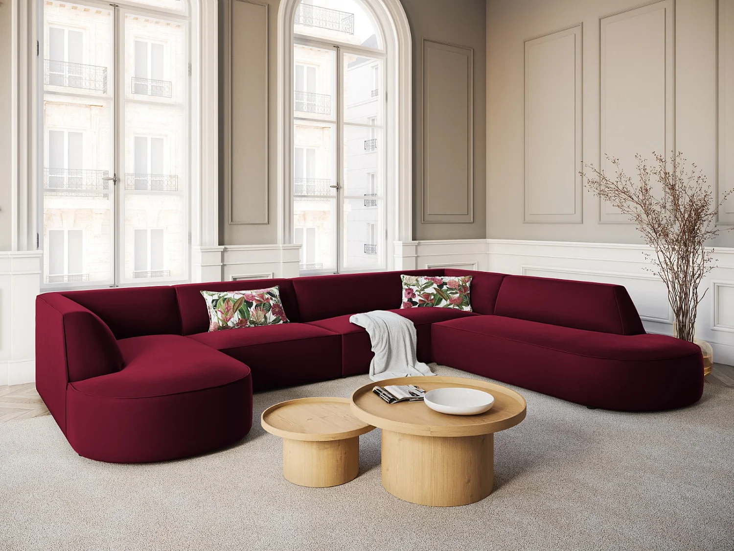 CXL by Christian Lacroix - Canapé d'angle droit panoramique "Charles" 7 places en velours rouge - 366x273x69cm