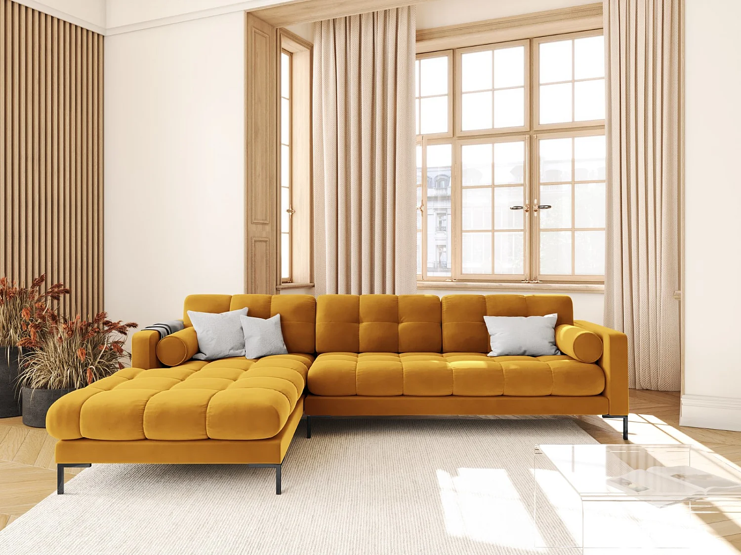 Cosmopolitan Design - Linker hoekbank "Bali" 5 zitplaatsen, Flueel, GEEL - 293x185x75cm