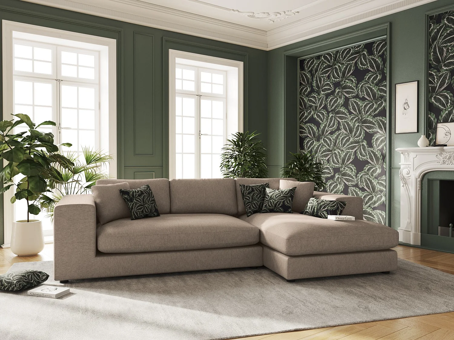 CXL by Christian Lacroix - Divano angolare destro "Tendance" 5 posti in tessuto strutturato marrone chiaro - 282x174x72cm