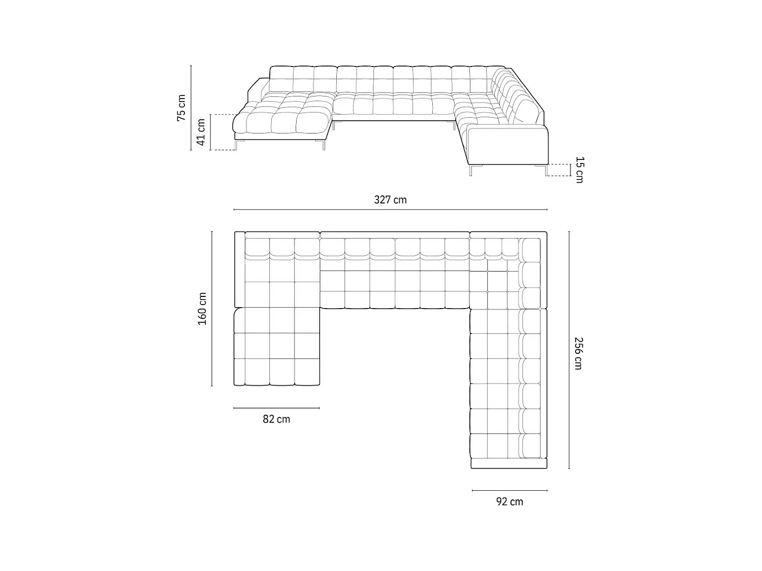 Cosmopolitan Design - Panoramische hoekbank rechts "Bali" 7 zitplaatsen, Structurele stof, Beige - 327x256x75cm