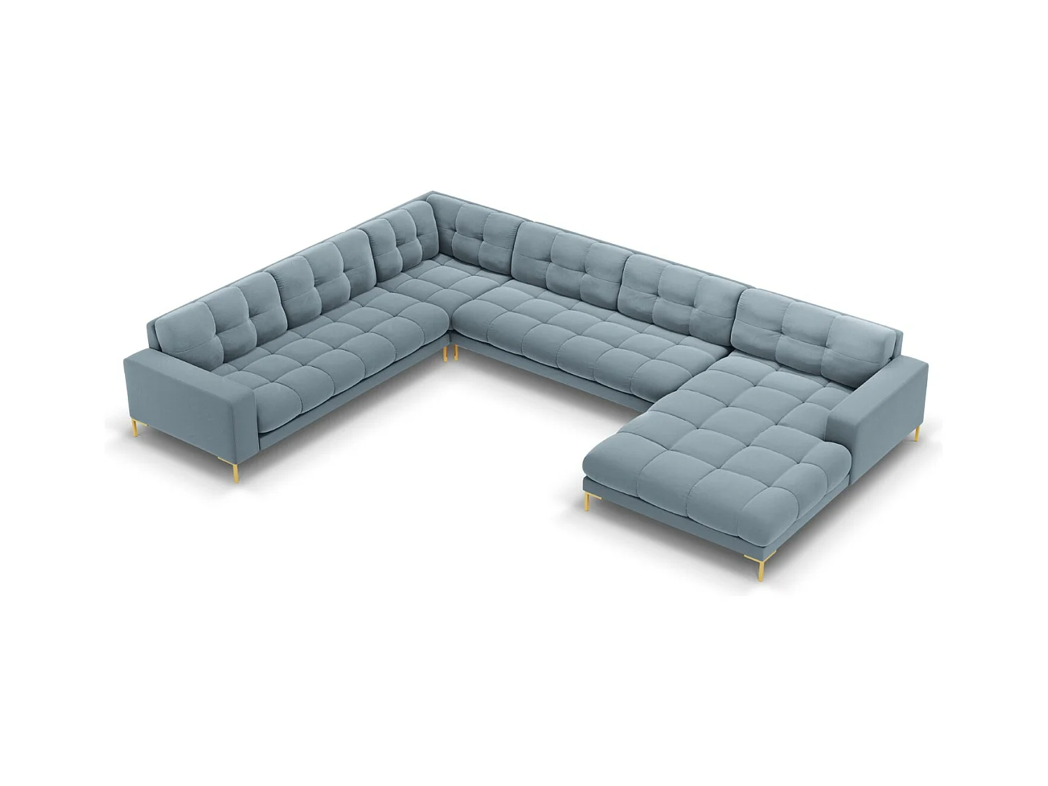 Cosmopolitan Design - Sofá esquinero panorámico izquierdo "Bali" 7 plazas de terciopelo azul claro - 327x256x75cm