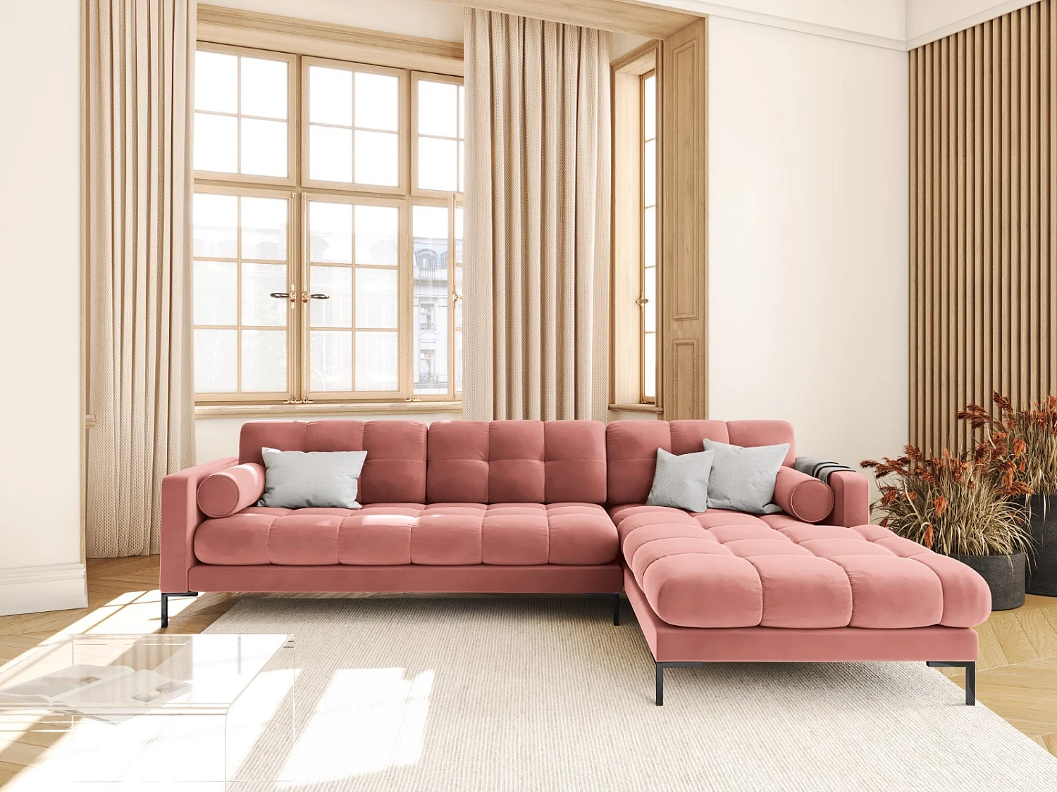Cosmopolitan Design - Sofá de canto direito "Bali" 5 lugares em veludo rosa - 293x185x75cm