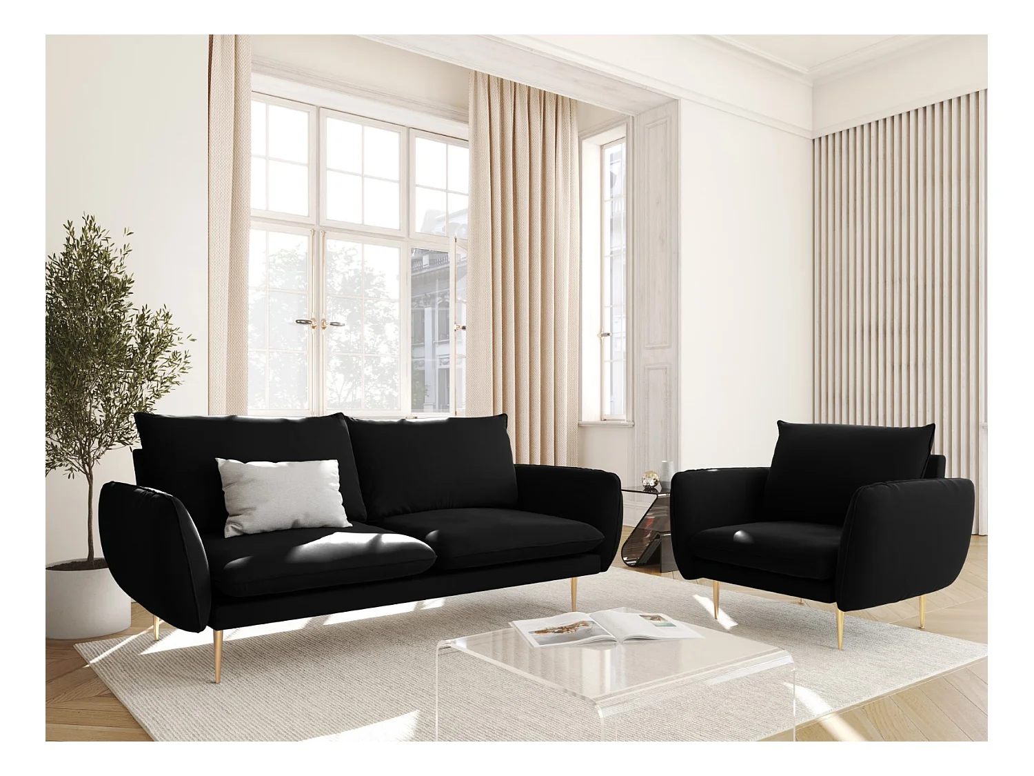 Cosmopolitan Design - Canapé "Vienna" 2 places en velours noir - 160x92x95cm