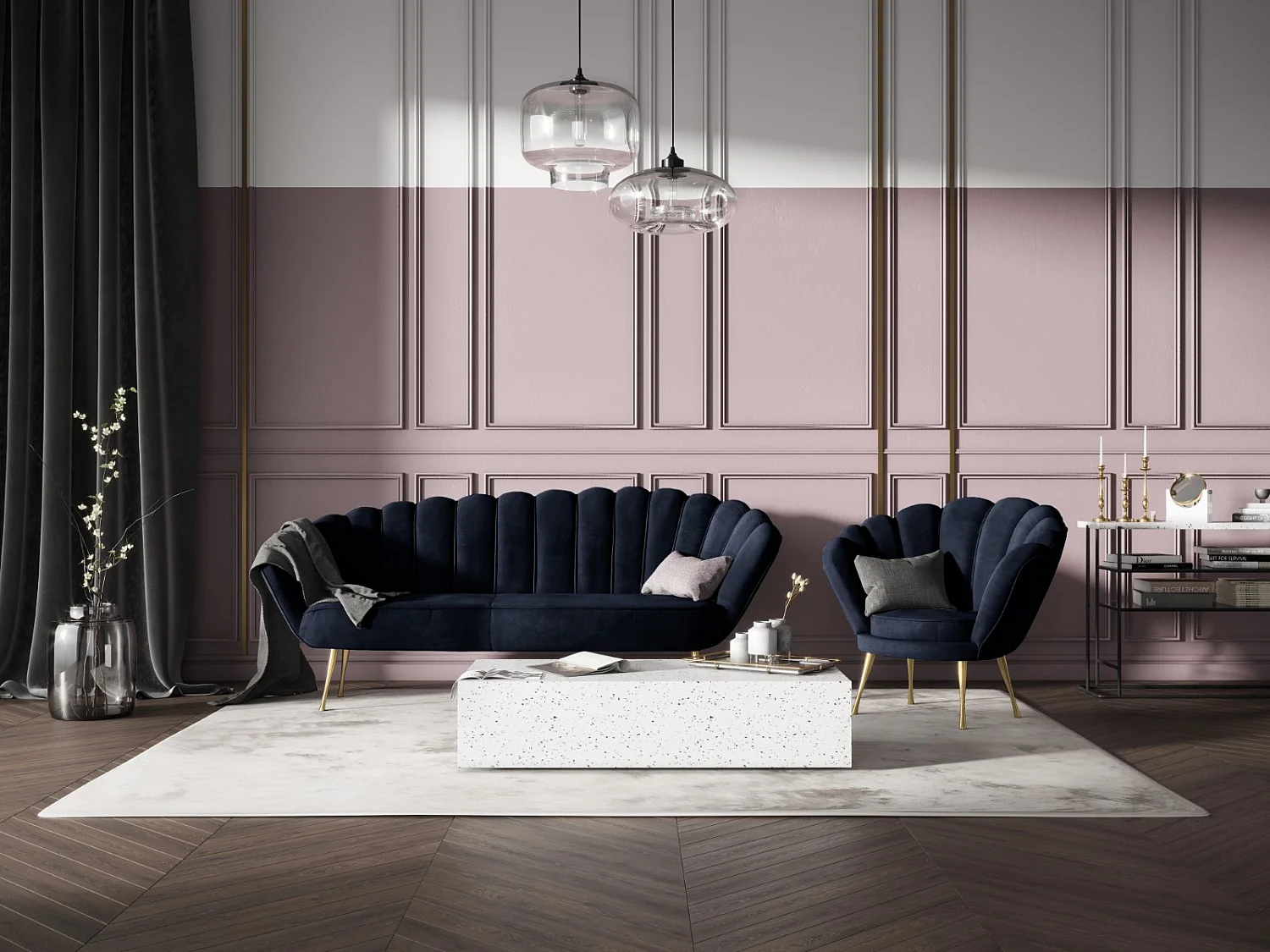 Cosmopolitan Design - Bank "Kingston" 3 zitplaatsen, Flueel, Donkerblauw - 224x95x85cm