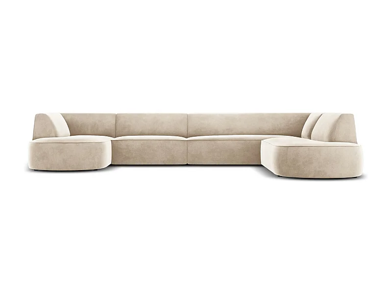 CXL by Christian Lacroix - Sofá de canto direito panorâmico "Charles" 7 lugares em veludo bege claro - 366x273x69cm