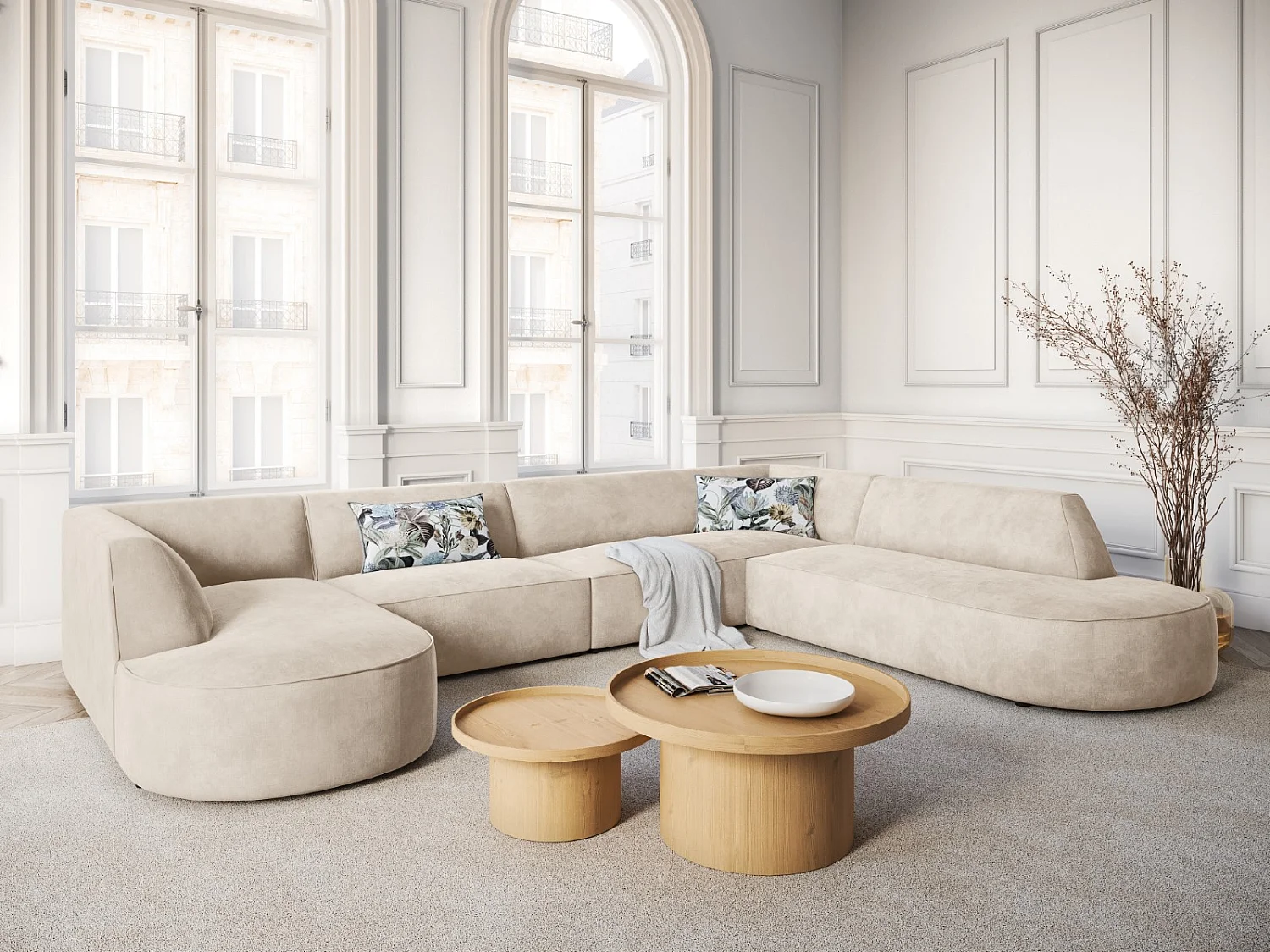 CXL by Christian Lacroix - Divano panoramico destro "Charles" 7 posti in velluto beige chiaro - 366x273x69cm