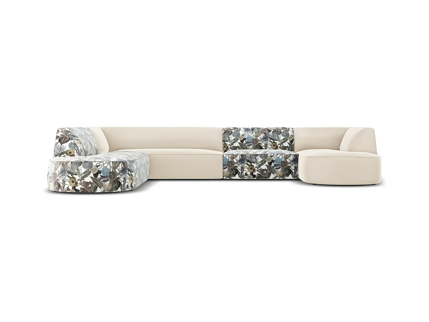CXL by Christian Lacroix - Canapé d'angle gauche panoramique "Charles" 7 places en velours motif de jardin bleu clair,beige - 366x273x69cm