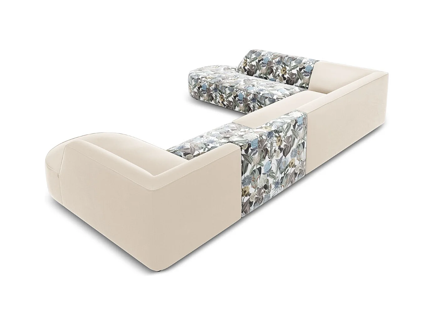CXL by Christian Lacroix - Panoramische hoekbank links "Charles" 7 zitplaatsen, Flueel, lichtblauw, beige tuinpatroon - 366x273x69cm