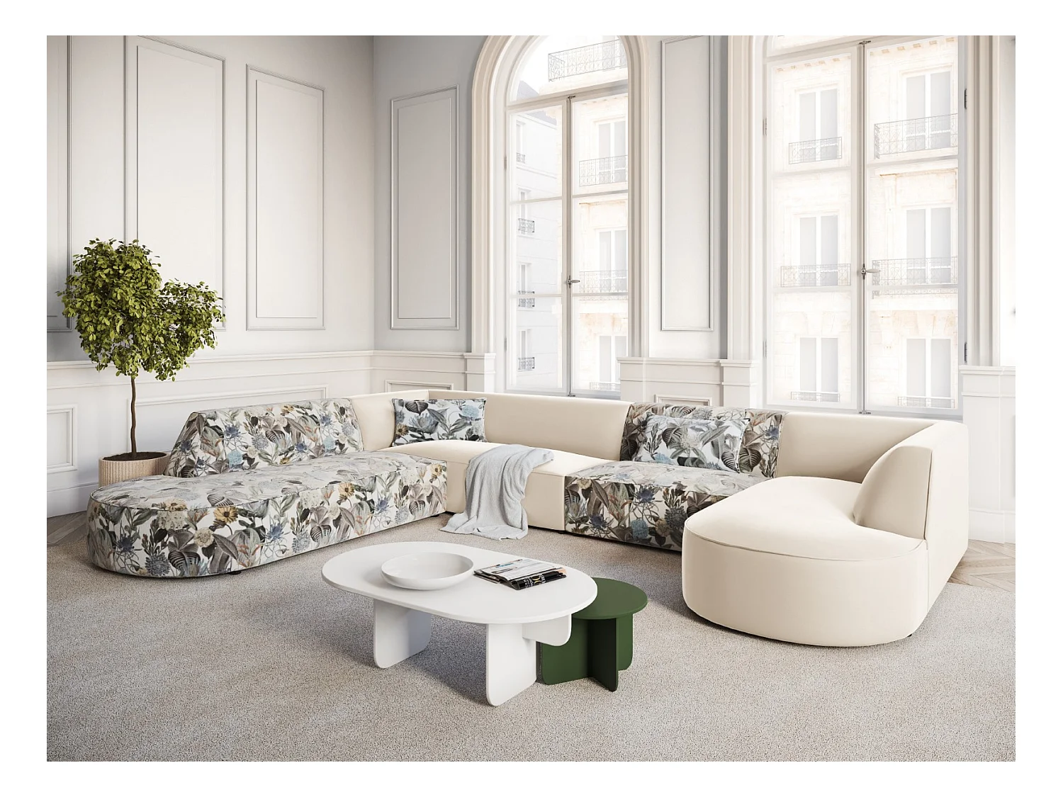 CXL by Christian Lacroix - Panoramische hoekbank links "Charles" 7 zitplaatsen, Flueel, lichtblauw, beige tuinpatroon - 366x273x69cm