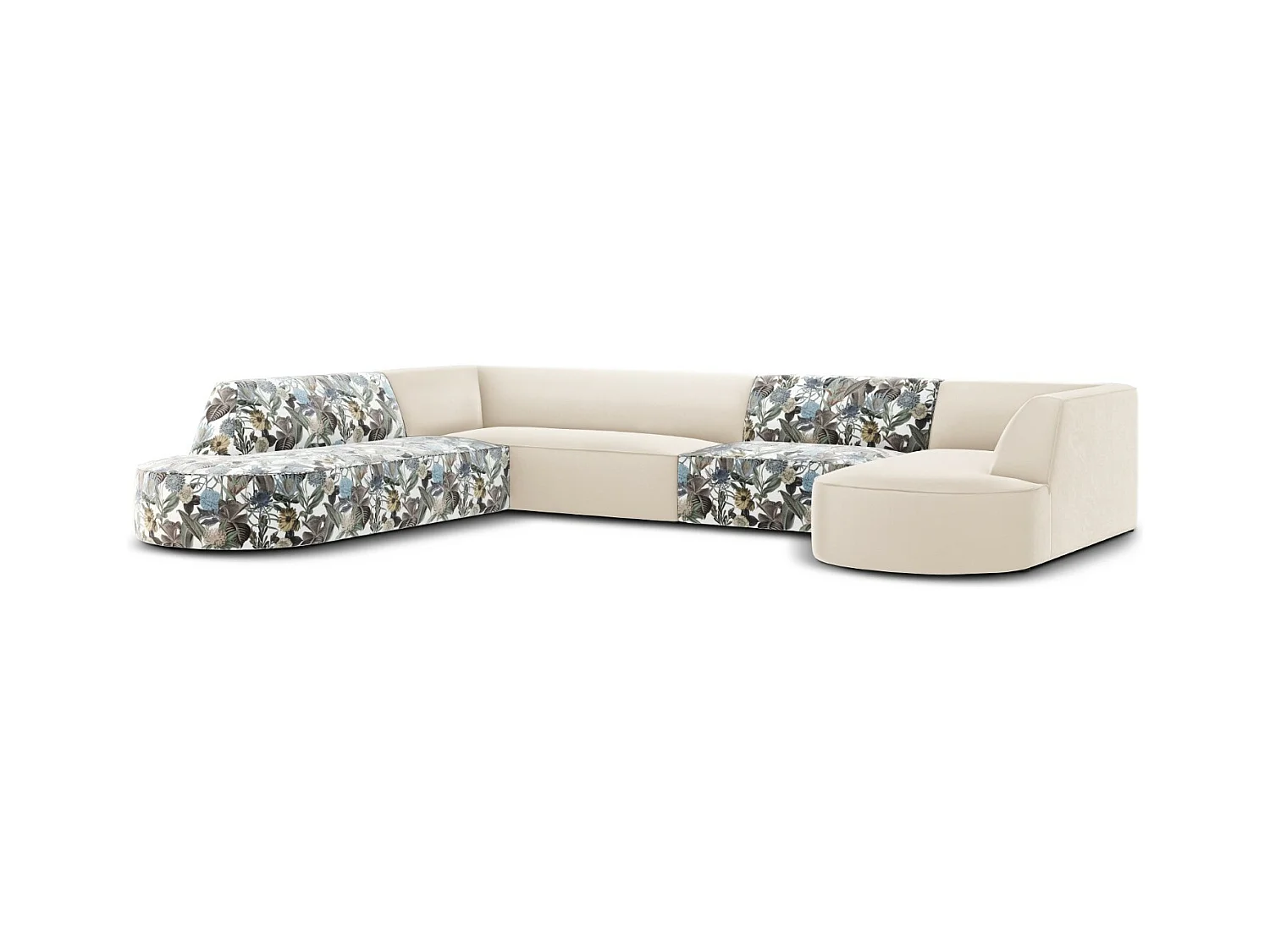 CXL by Christian Lacroix - Panoramische hoekbank links "Charles" 7 zitplaatsen, Flueel, lichtblauw, beige tuinpatroon - 366x273x69cm