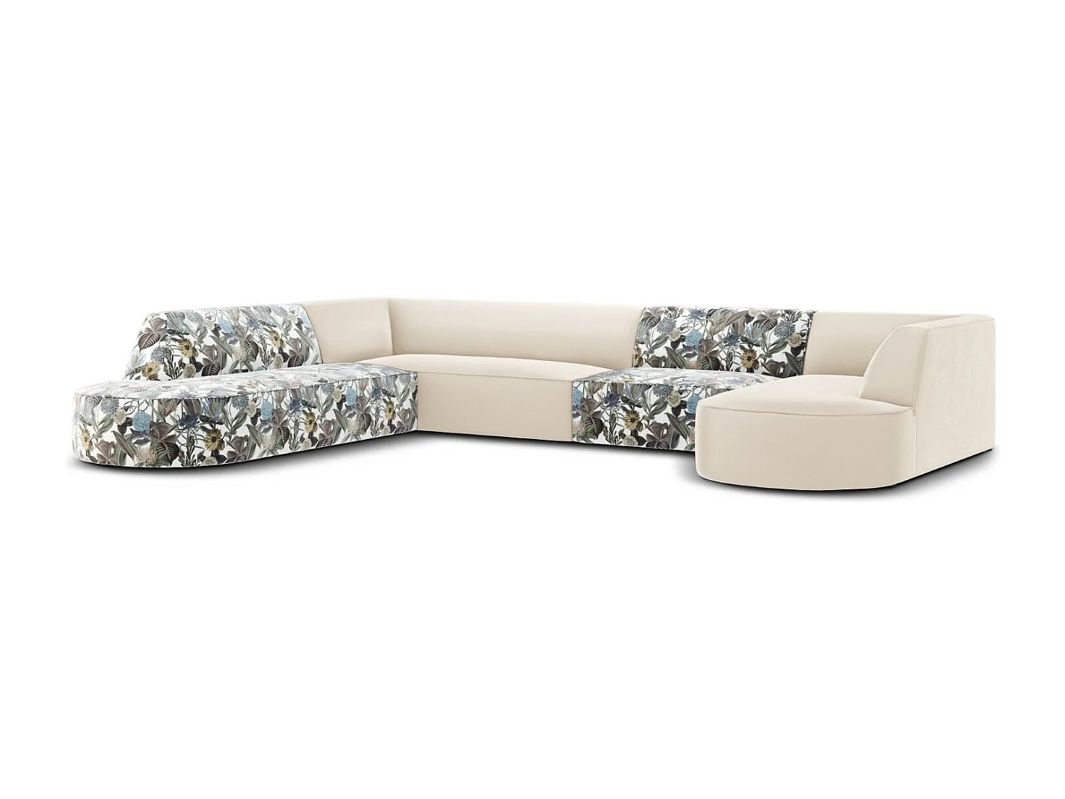 CXL by Christian Lacroix - Panoramische hoekbank links "Charles" 7 zitplaatsen, Flueel, lichtblauw, beige tuinpatroon - 366x273x69cm