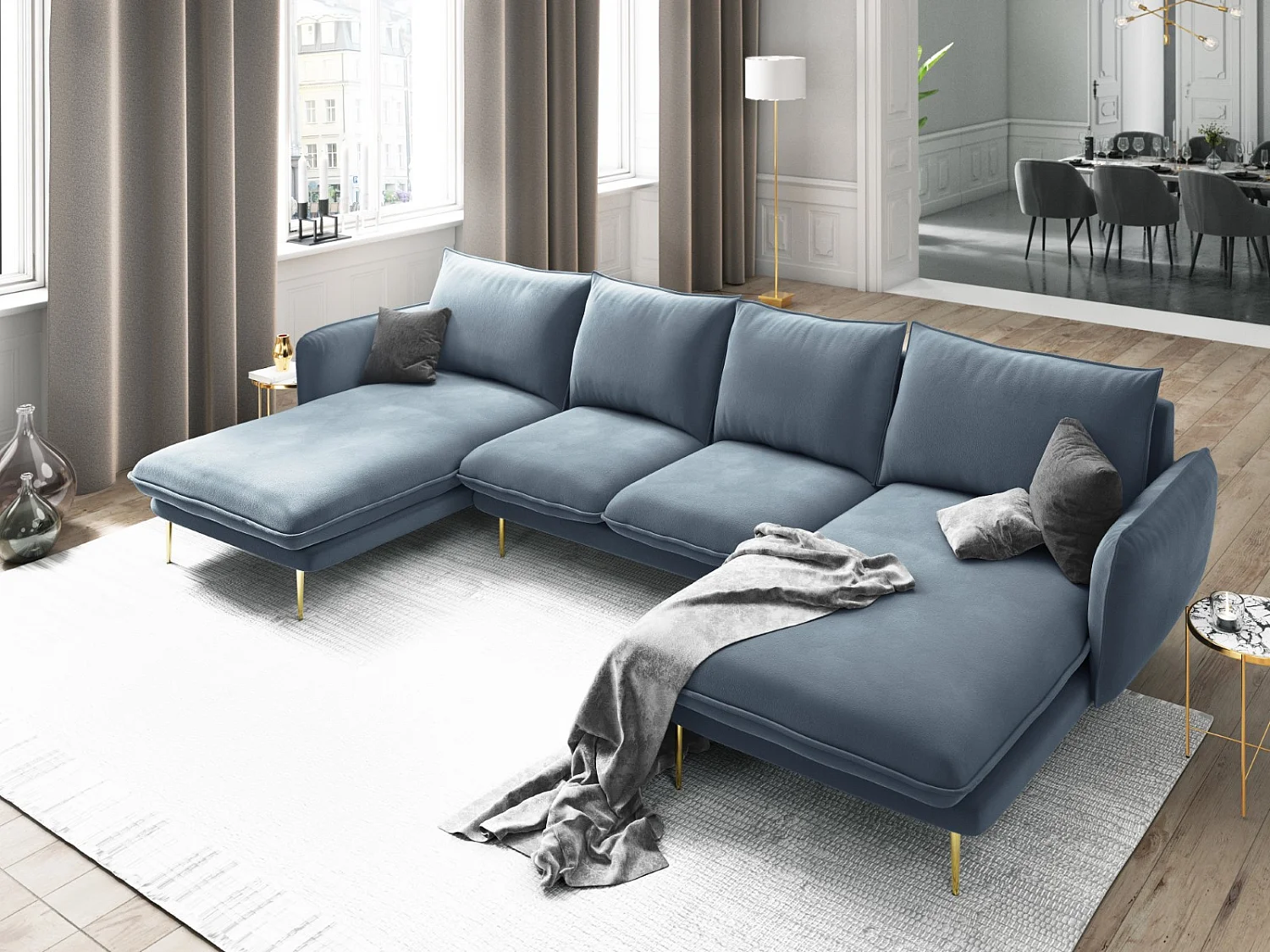 Cosmopolitan Design - Panoramische bank "Vienna" 6 zitplaatsen, Flueel, Blauw - 350x170x95cm
