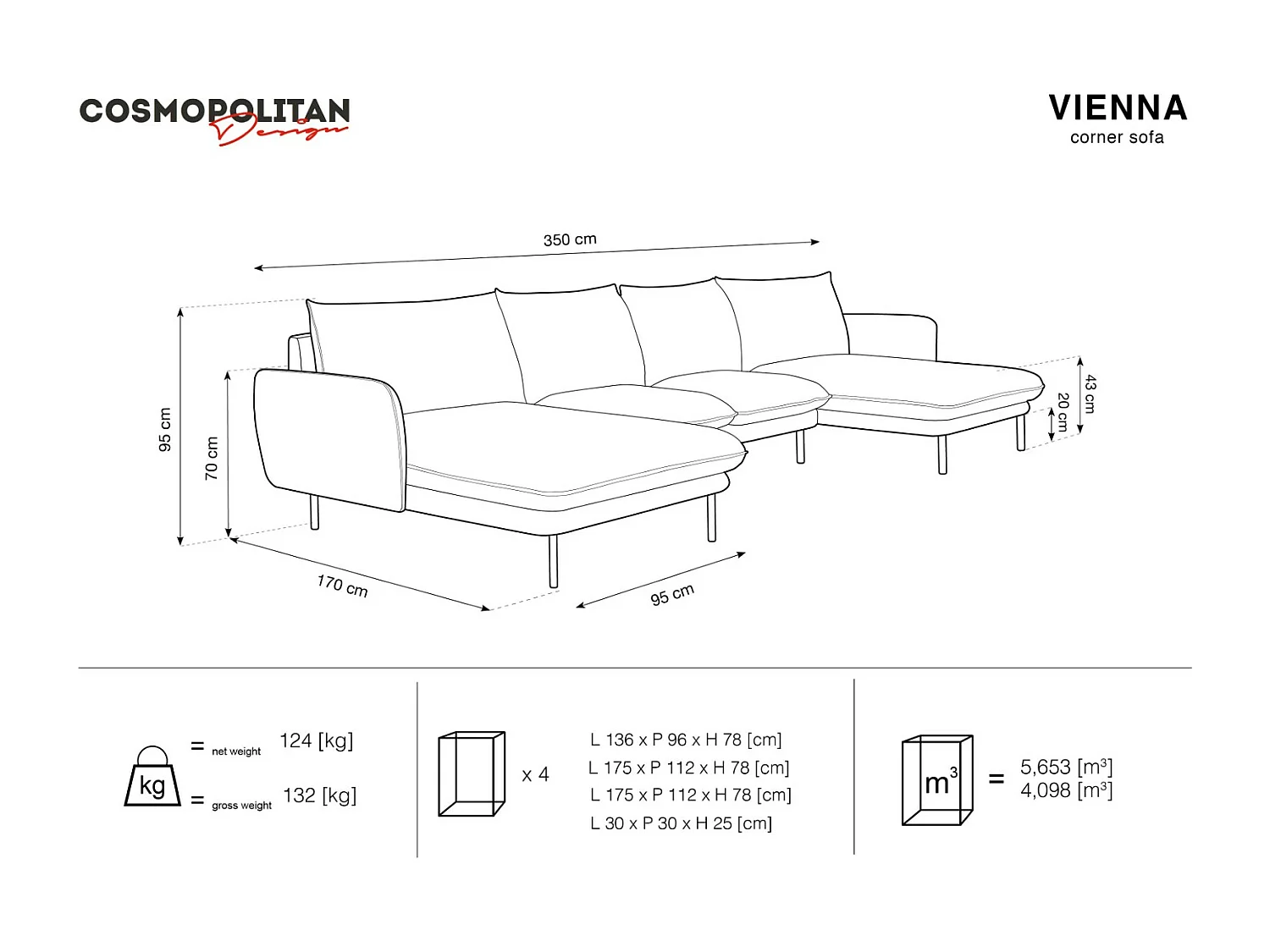 Cosmopolitan Design - Panoramische bank "Vienna" 6 zitplaatsen, Flueel, Blauw - 350x170x95cm