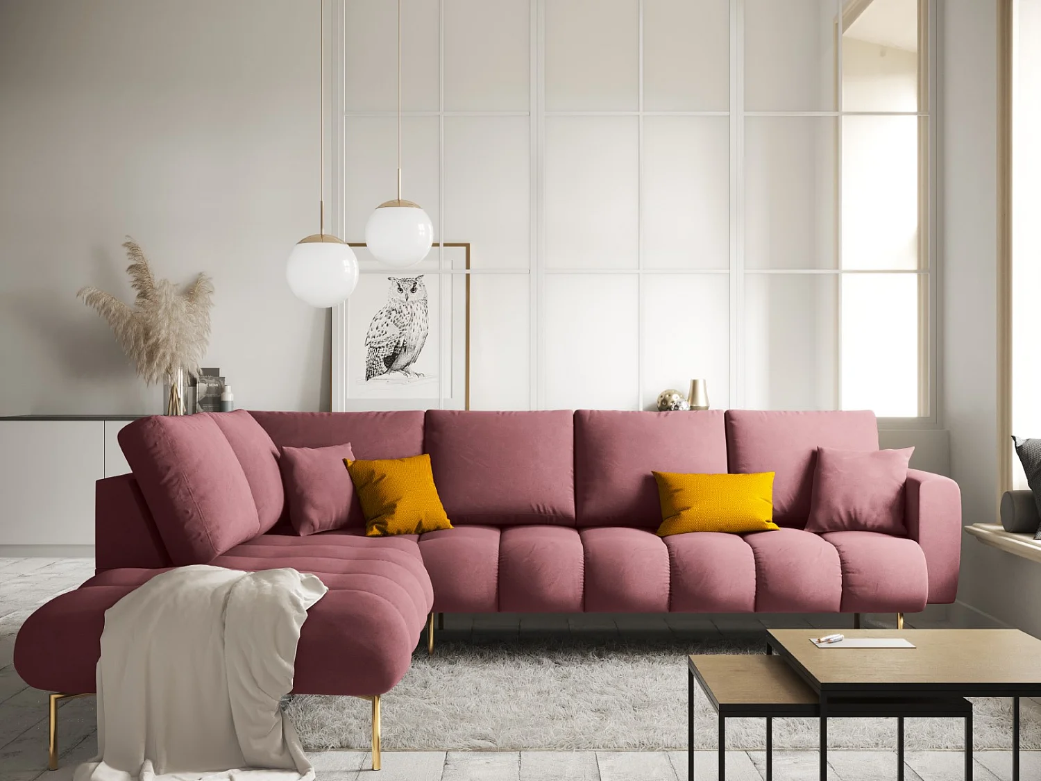Cosmopolitan Design - 5-Sitzer Ecksofa links "Hastings" aus Samt rosa - 301x216x75cm