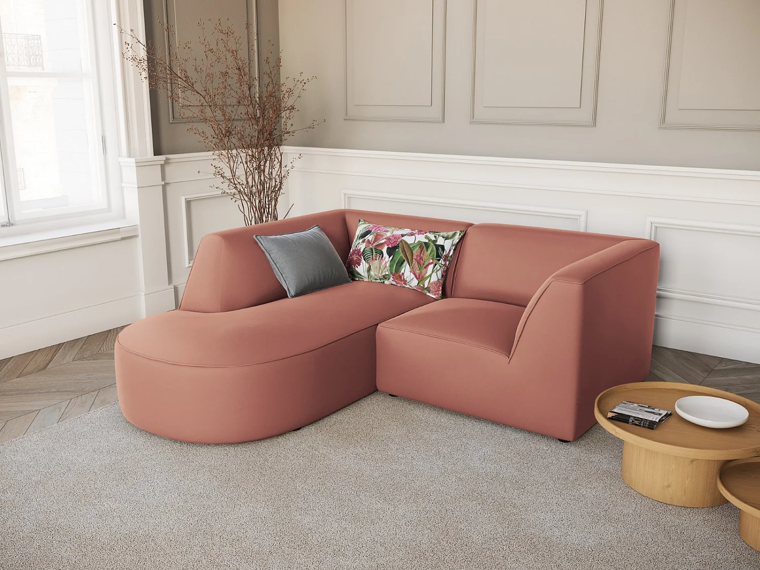 CXL by Christian Lacroix - Sofá esquinero izquierdo "Charles" 3 plazas de terciopelo rosa - 186x180x69cm