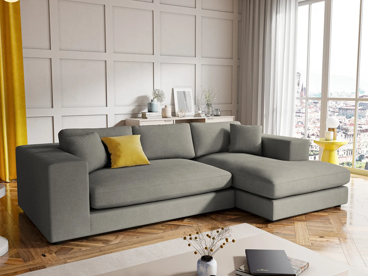 CXL by Christian Lacroix - 5-Sitzer Ecksofa rechts "Tendance" Sitzer aus Cord hellgrau - 282x174x72cm