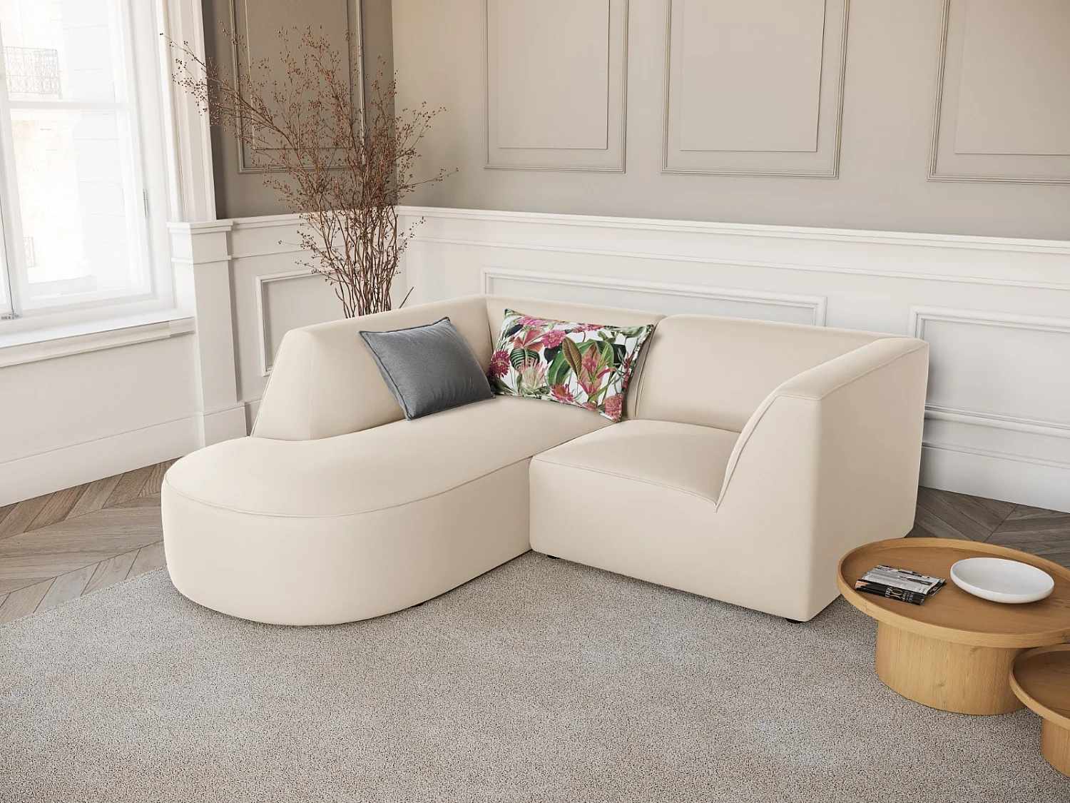 CXL by Christian Lacroix - Sofá esquinero izquierdo "Charles" 3 plazas de terciopelo beige - 186x180x69cm