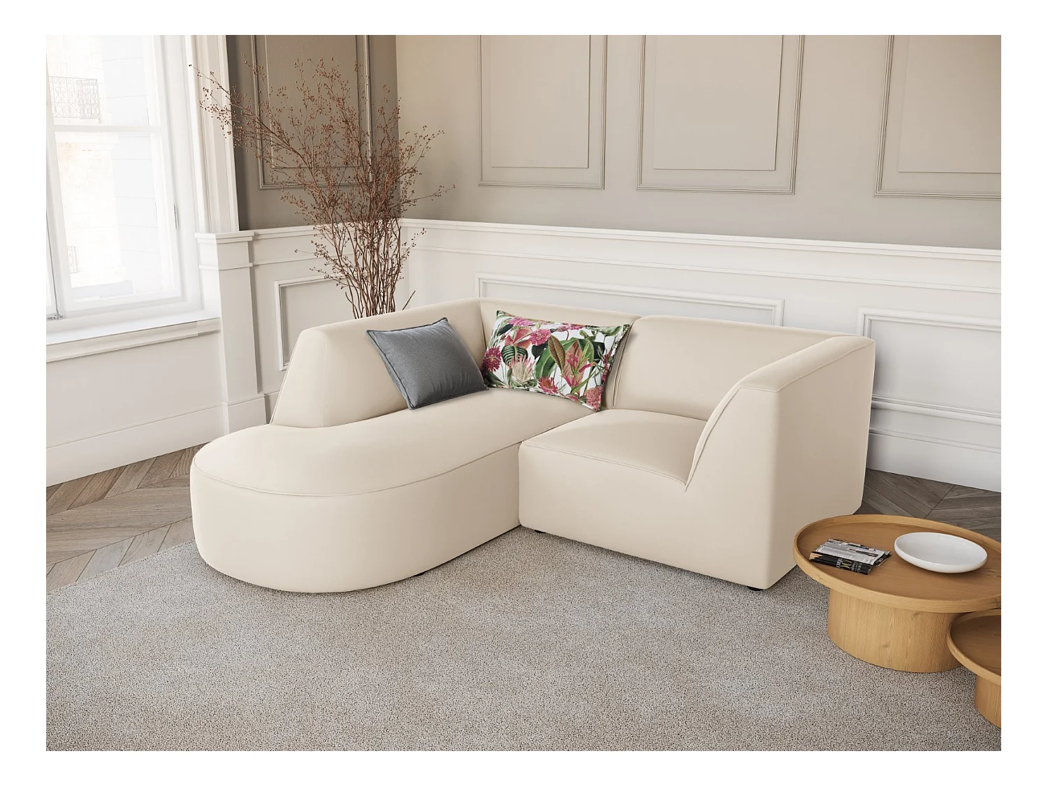 CXL by Christian Lacroix - Canapé d'angle gauche "Charles" 3 places en velours beige - 186x180x69cm