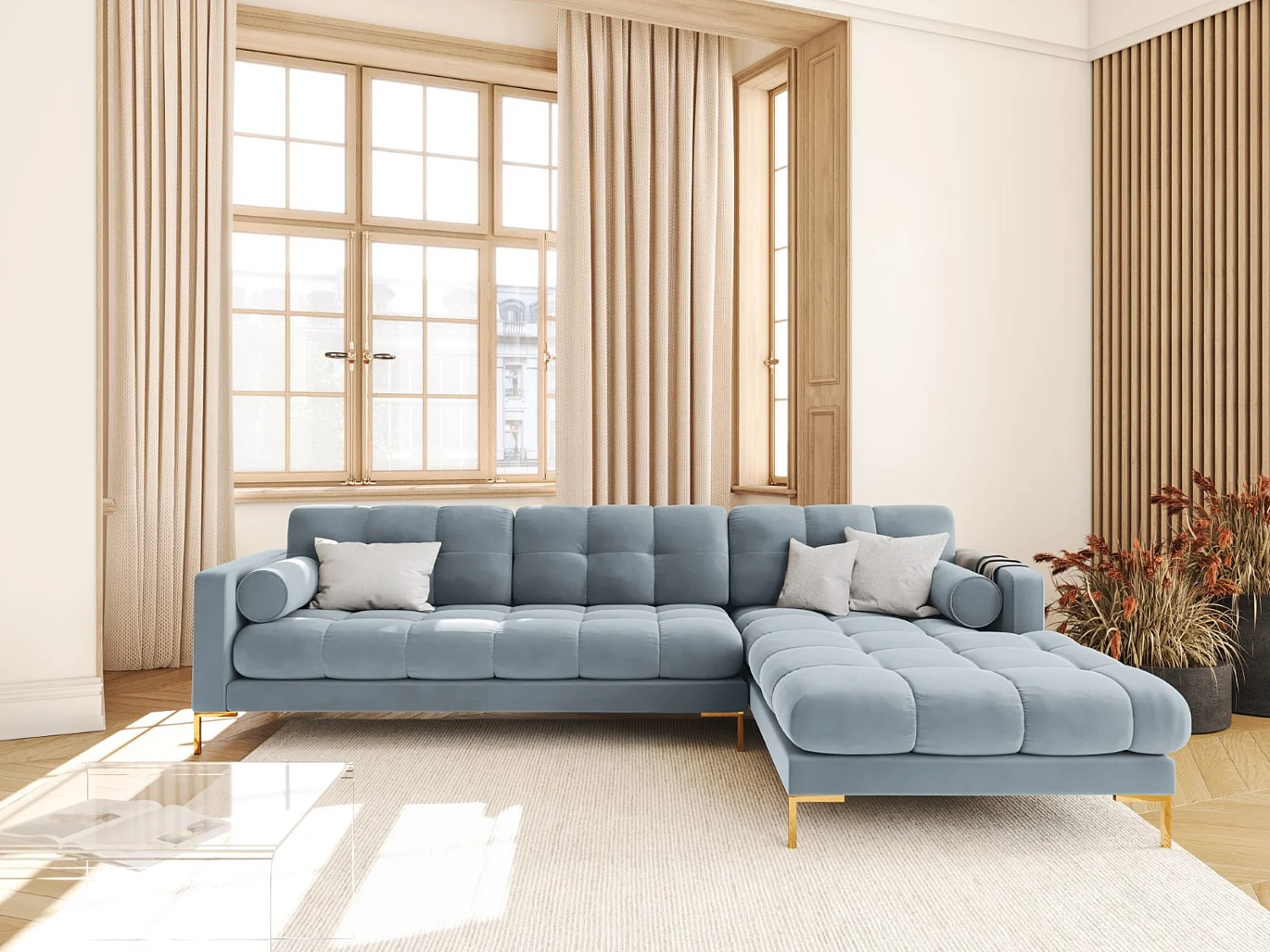 Cosmopolitan Design - 5-Sitzer Ecksofa rechts "Bali" aus Samt hellblau - 293x185x75cm