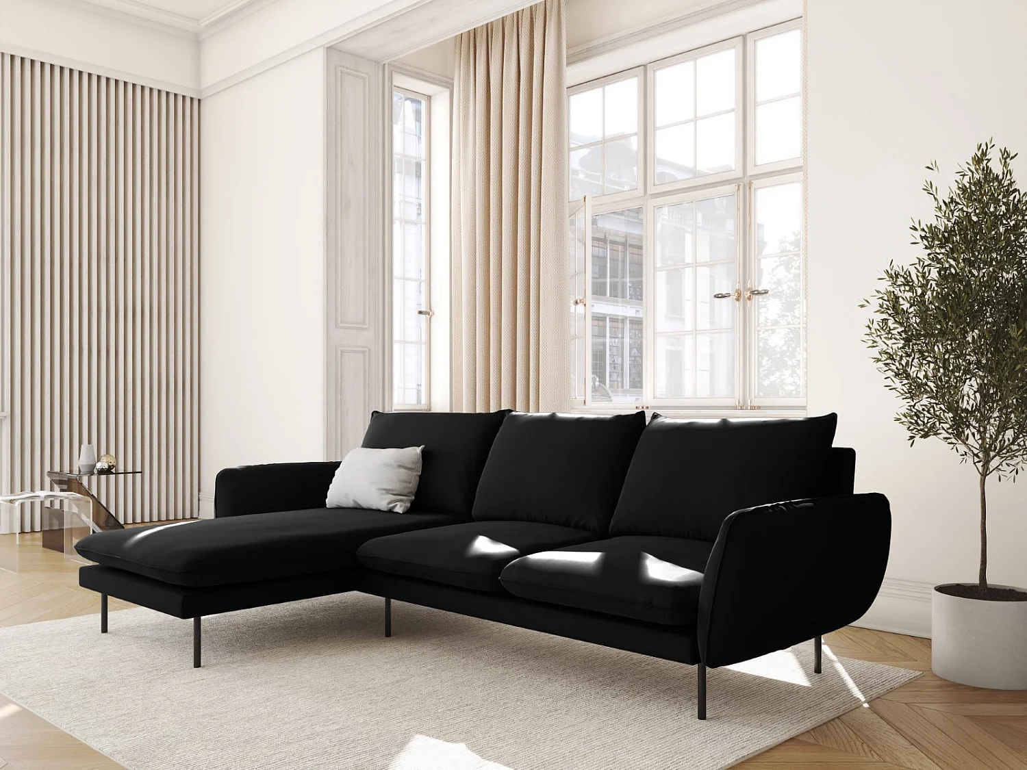 Cosmopolitan Design - Linker hoekbank "Vienna" 5 zitplaatsen, Flueel, Zwart - 255x170x95cm