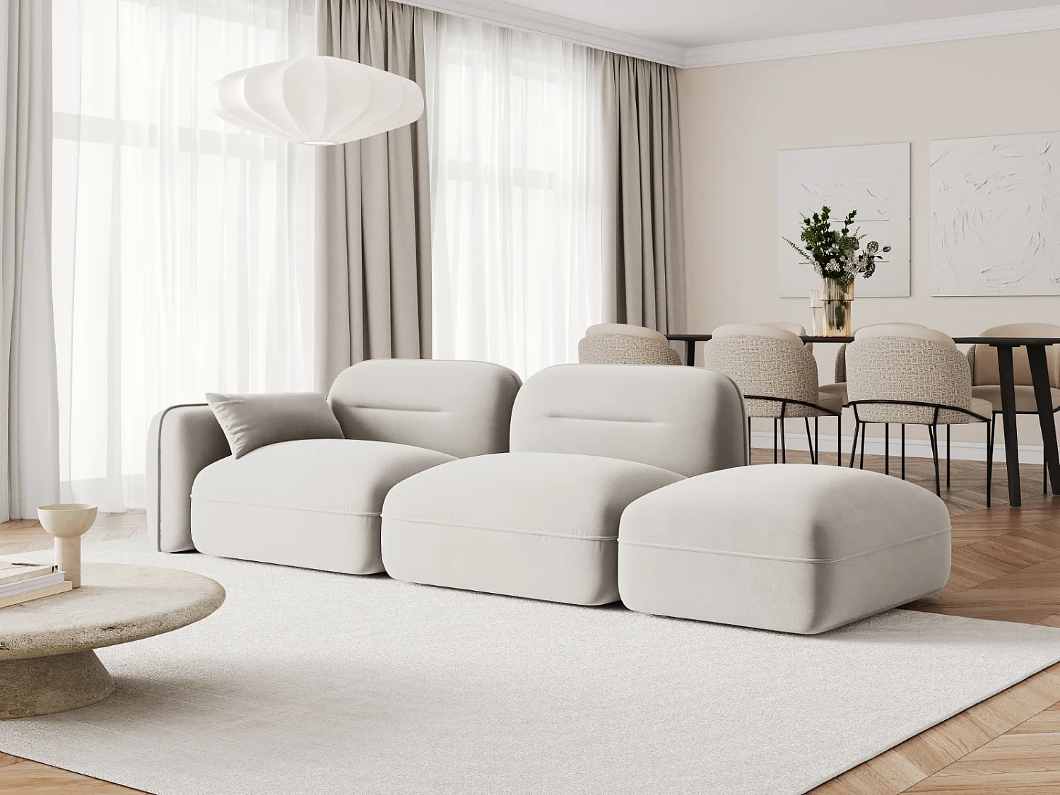 Cosmopolitan Design - Canapé modulable droit "Sydney" 3 places en velours beige clair - 295x90x70cm