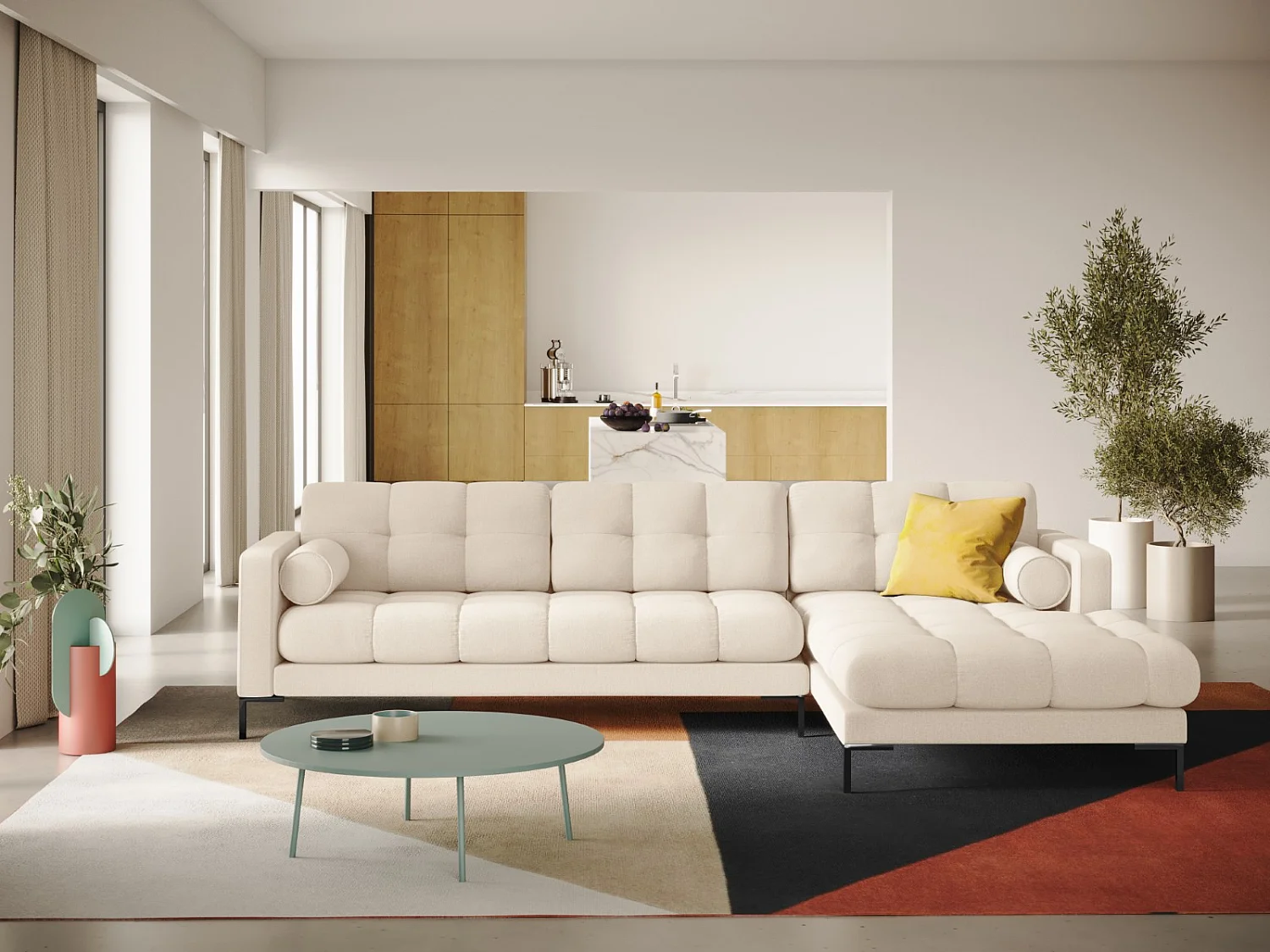 Cosmopolitan Design - 5-Sitzer Ecksofa rechts "Bali" aus strukturiertem Stoff leichtes beige - 293x185x75cm