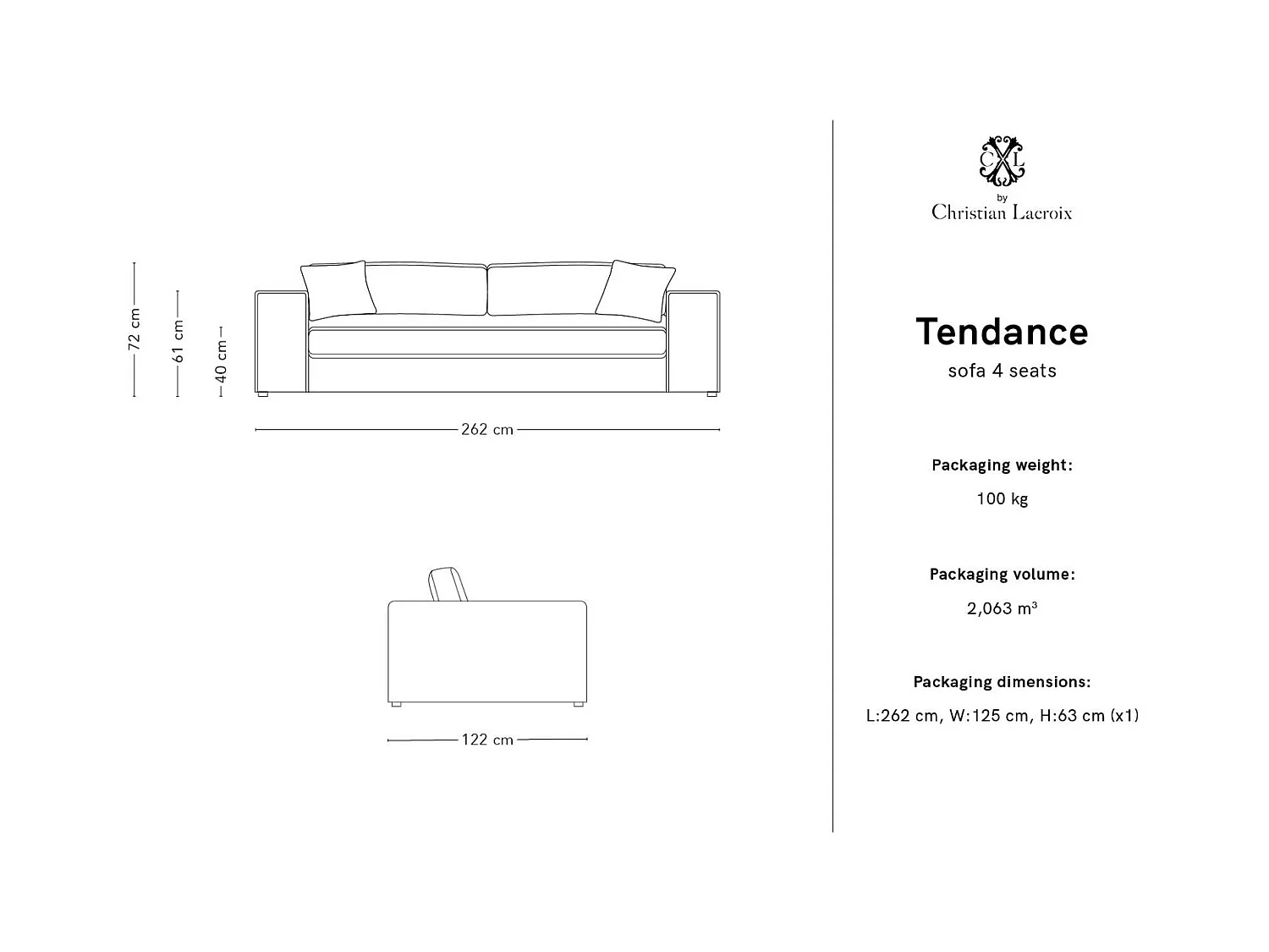 CXL by Christian Lacroix - Canapé "Tendance" 4 places en velours rouge foncé - 262x122x72cm