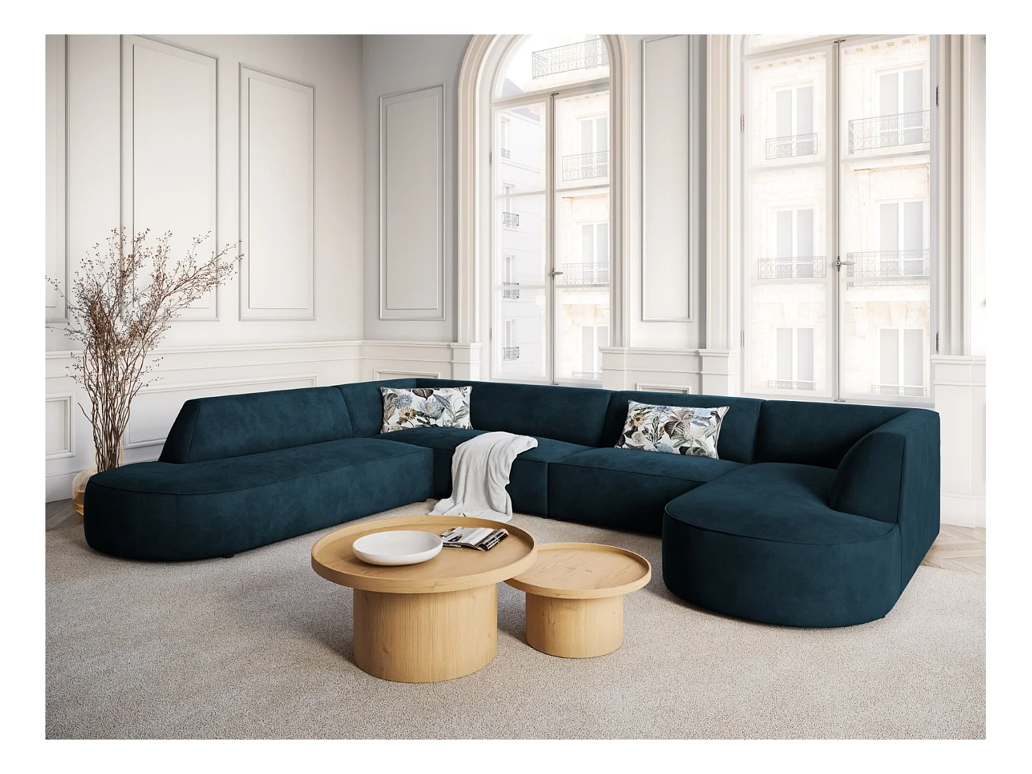 CXL by Christian Lacroix - Sofá esquinero panorámico izquierdo "Charles" 7 plazas de terciopelo petróleo oscuro - 366x273x69cm