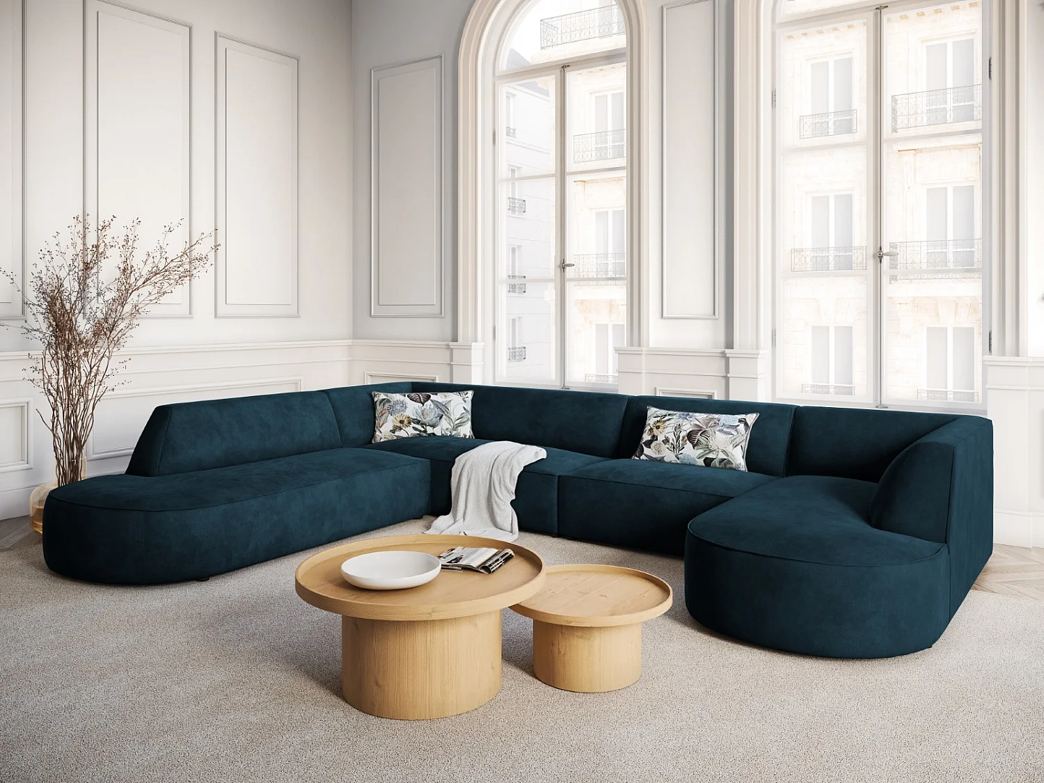 CXL by Christian Lacroix - Sofá de canto panorâmico à esquerda "Charles" 7 lugares em veludo petróleo escuro - 366x273x69cm