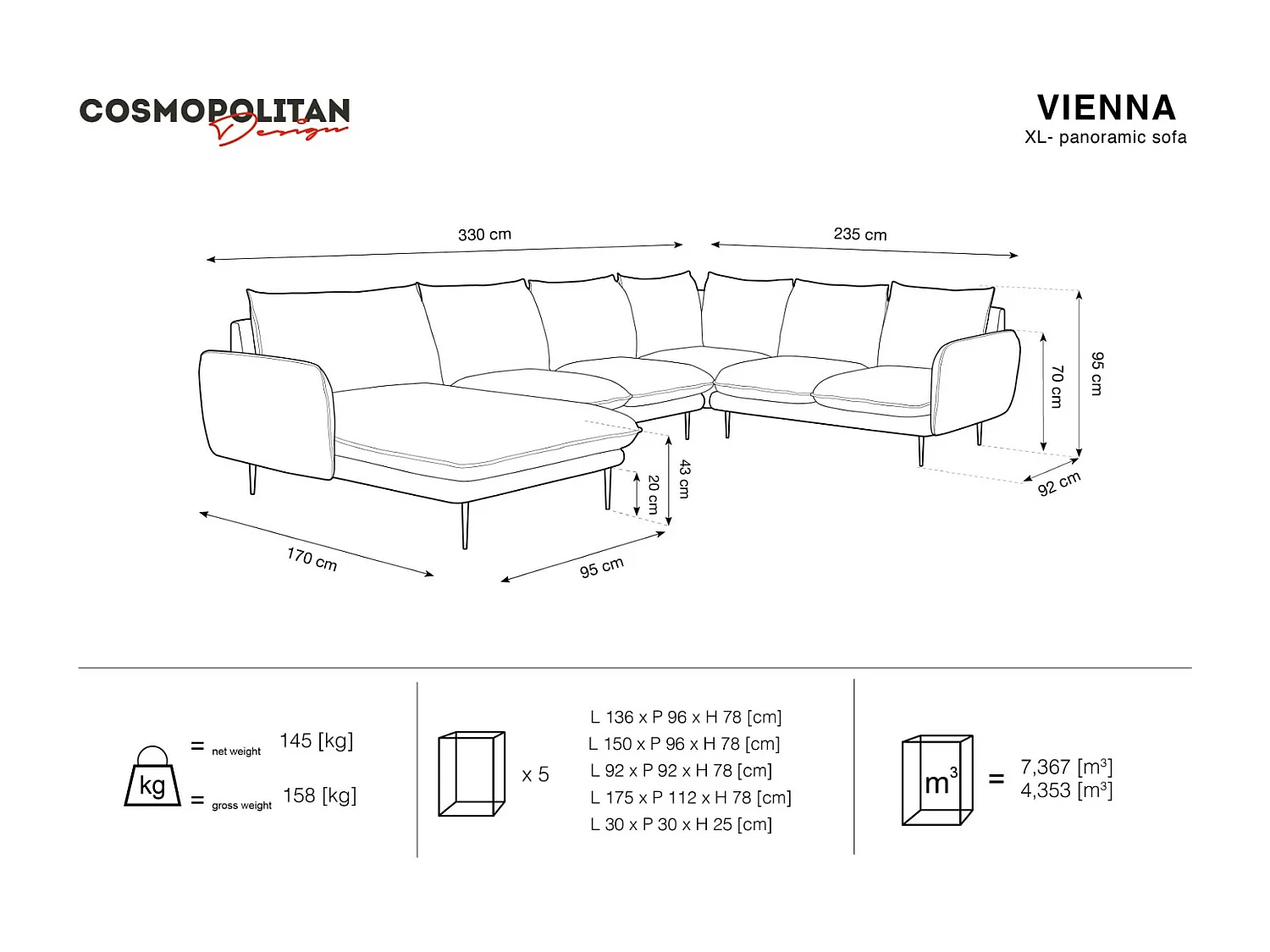 Cosmopolitan Design - 7-Sitzer Panoramasofa rechts "Vienna" aus Samt hellgrau - 330x235x95cm