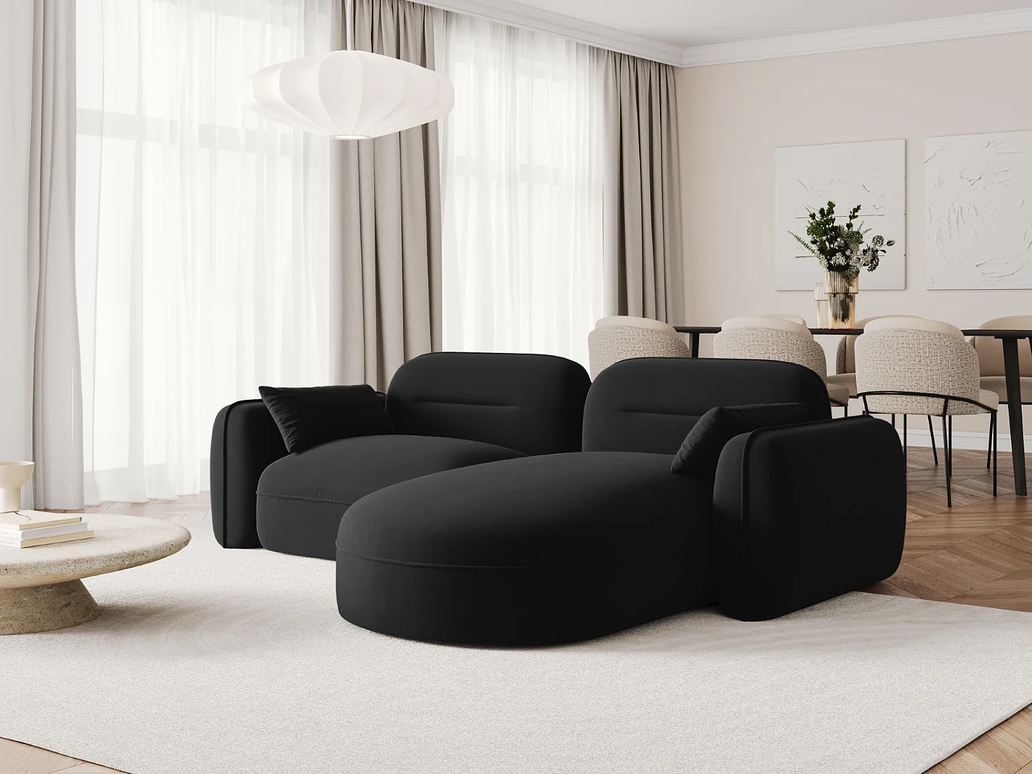 Cosmopolitan Design - Canapé d'angle droit modulable "Sydney" 3 places en velours noir - 230x165x70cm
