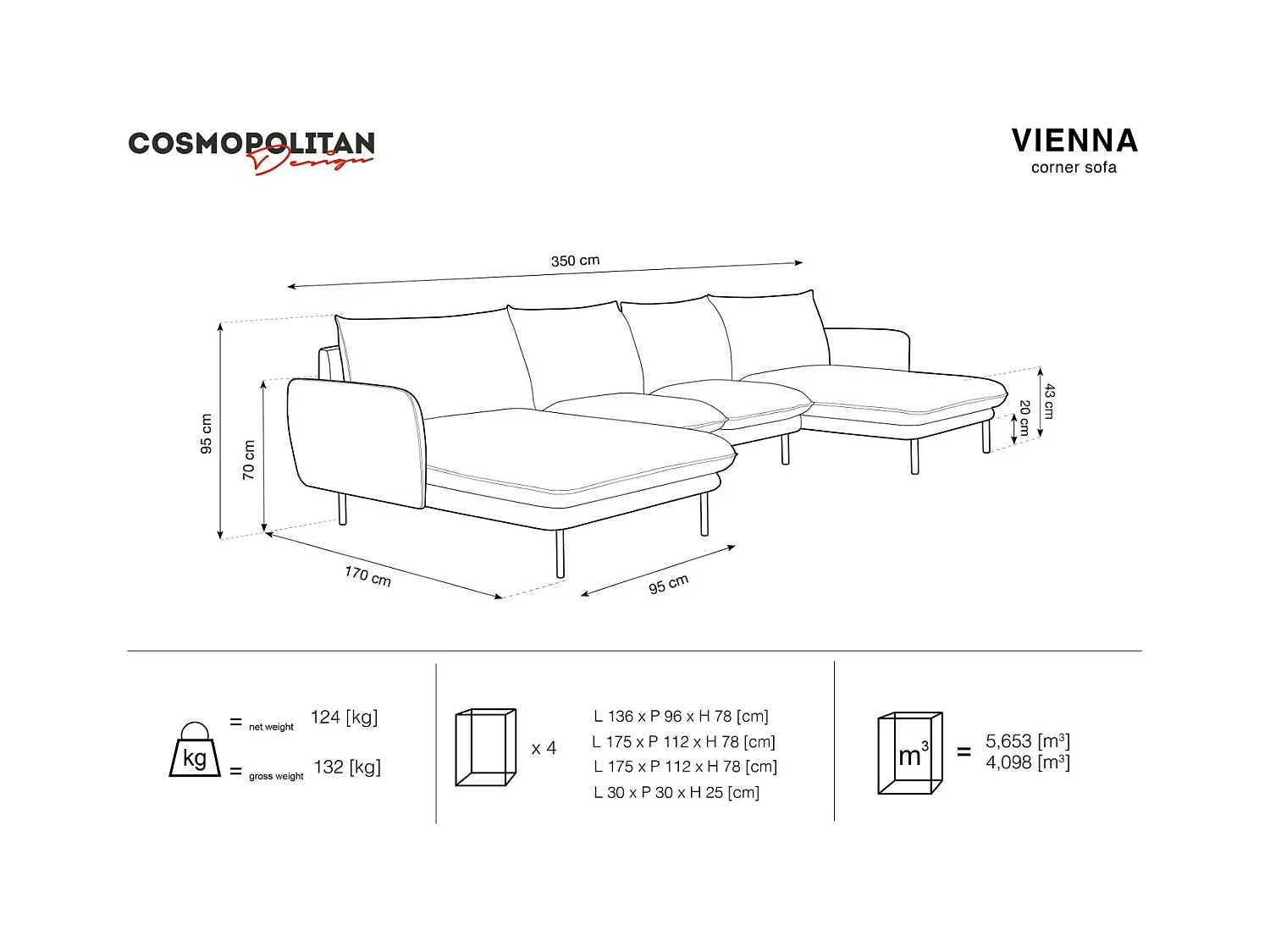 Cosmopolitan Design - Canapé panoramique "Vienna" 6 places en velours beige clair - 350x170x95cm