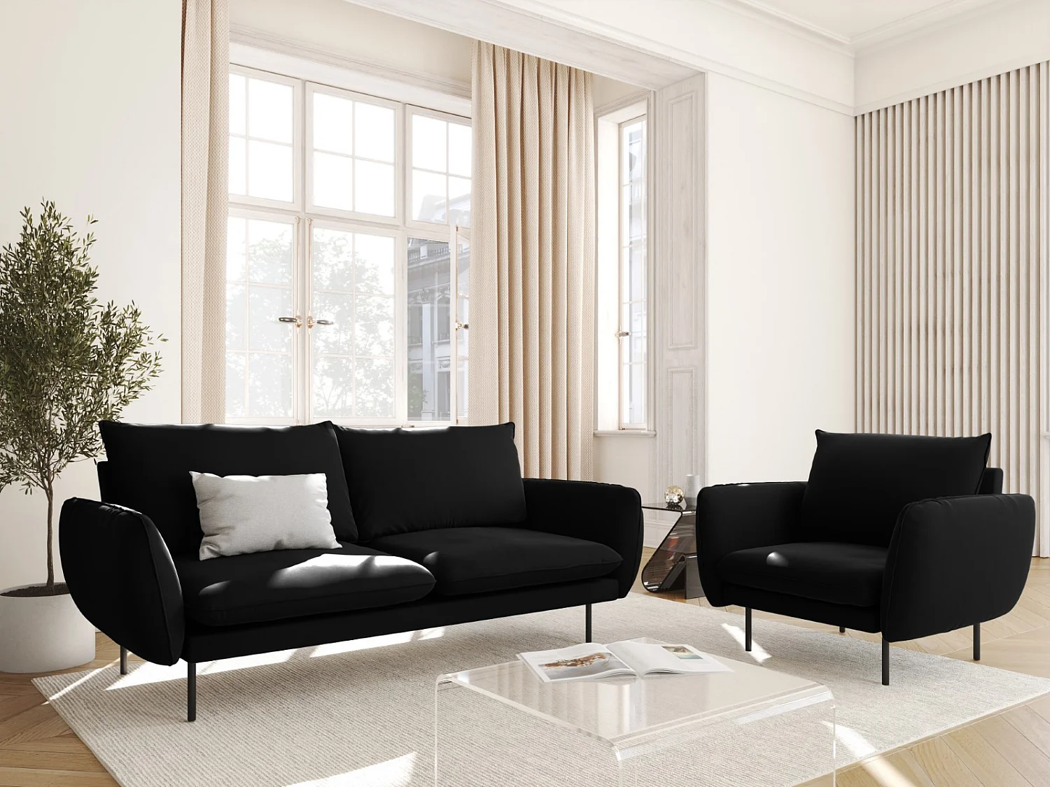 Cosmopolitan Design - Sofa, "Vienna" 2 miejsca welur, czarny - 160x92x95cm